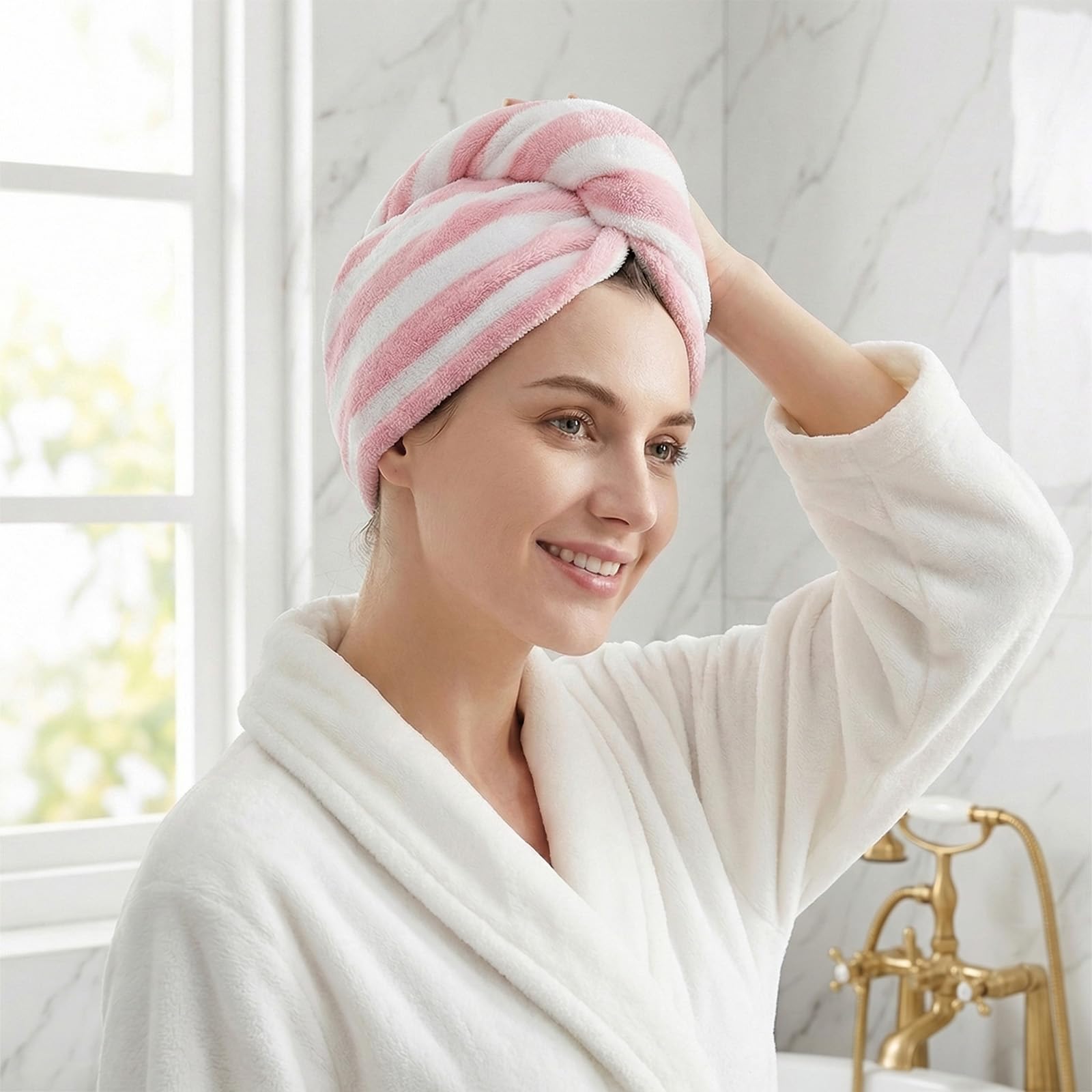 Toalla turbante suave para el cabello, toalla de secado de pelo, botón para absorber el cabello de secado rápido, turbante de microfibra para el cabello largo y rizado para mujer (gris y rosa) — view 10