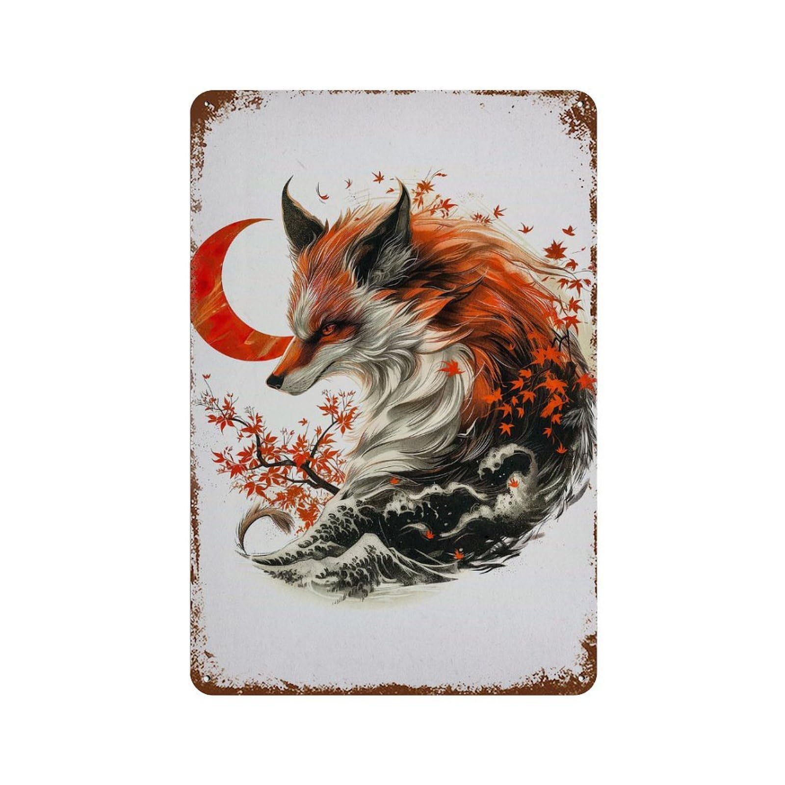 Fox Watercolor Vintage Metal Tin Sign 11.8"x7.9", Rustic Home Decor for Garage, Bar And Workshop Decor
