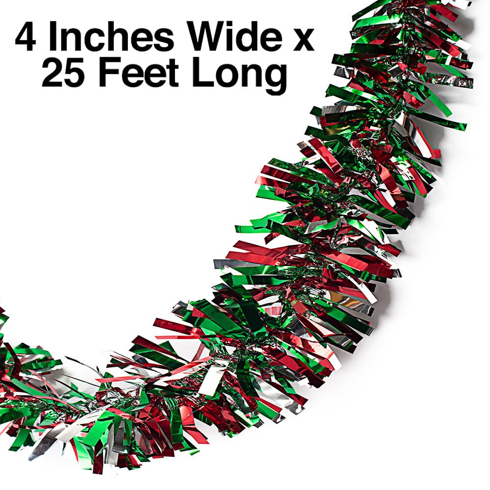 Anderson's Red, Green & Silver Metallic Tinsel Twist for Trailer Or Golf Cart, 4 inches Wide x 25 ft Long, Graduation, Christmas, Birthday, New Year's, Holiday Garland Decor for Parties and Parades