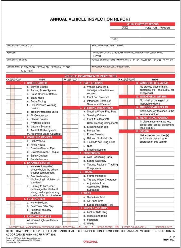 J. J. Keller 10-Pack, Annual Vehicle Inspection Report Form & Red FMCSA Label Aluminum, 3-Ply Carbonless Form, DOT Compliant