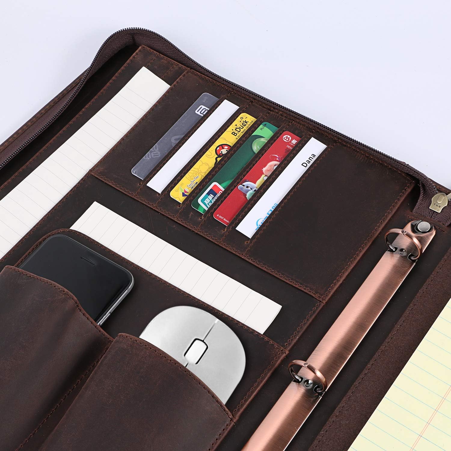 YIWEN Handmade Leather 3 Ring Binder Portfolio, Zippered Padfolio Business Organizer for 13" Tablet and 8.5 x 11 Notepad, Professional Business Travel Organizer (Dark Brown, Crazy Horse Leather)