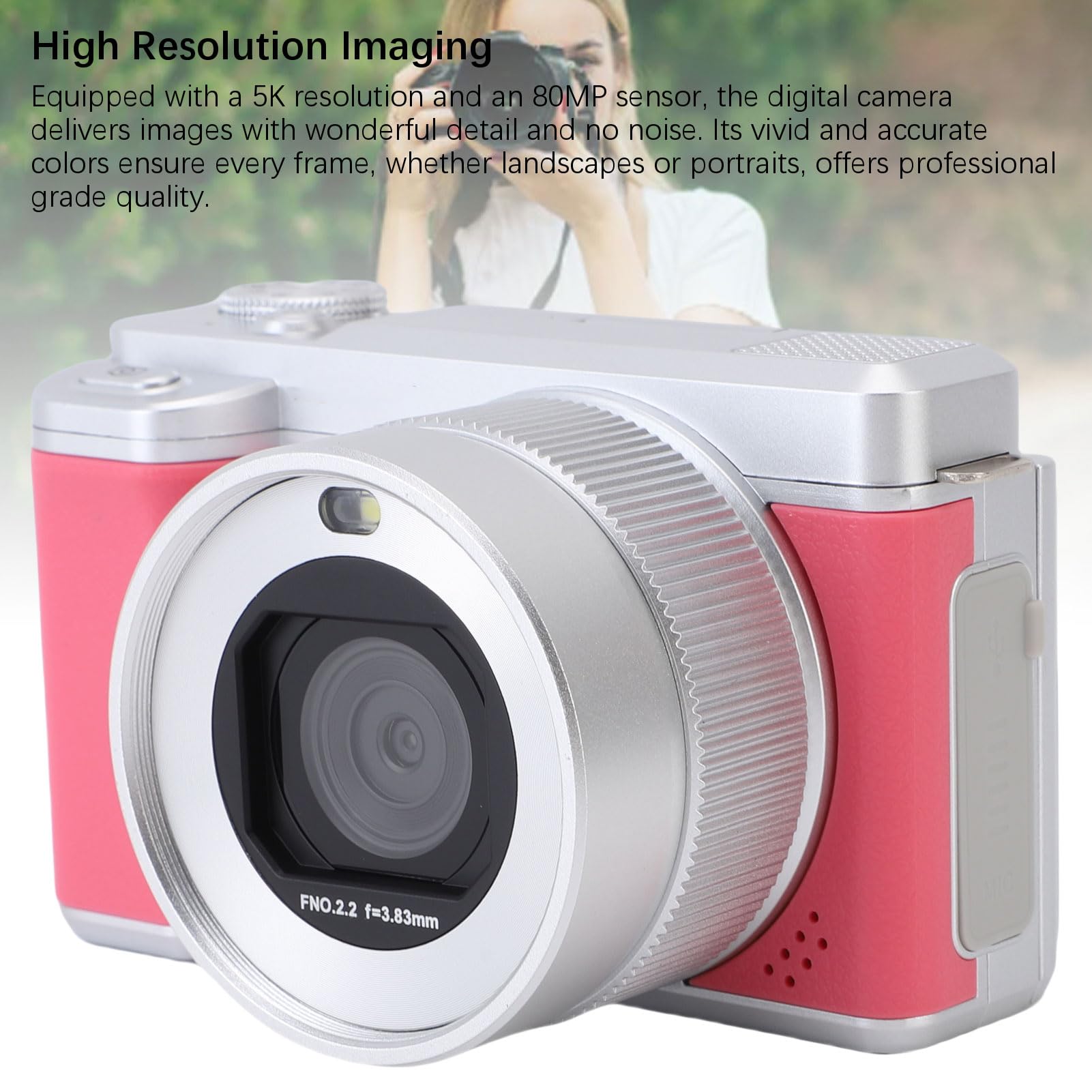 Fotocamera Digitale, 5K 80MP HD, Doppio Obiettivo, Schermo Ribaltabile, Zoom Digitale 18X, Autofocus, Videocamera WiFi con Tracciamento AF Intelligente, per la Fotografia di (Roseo)