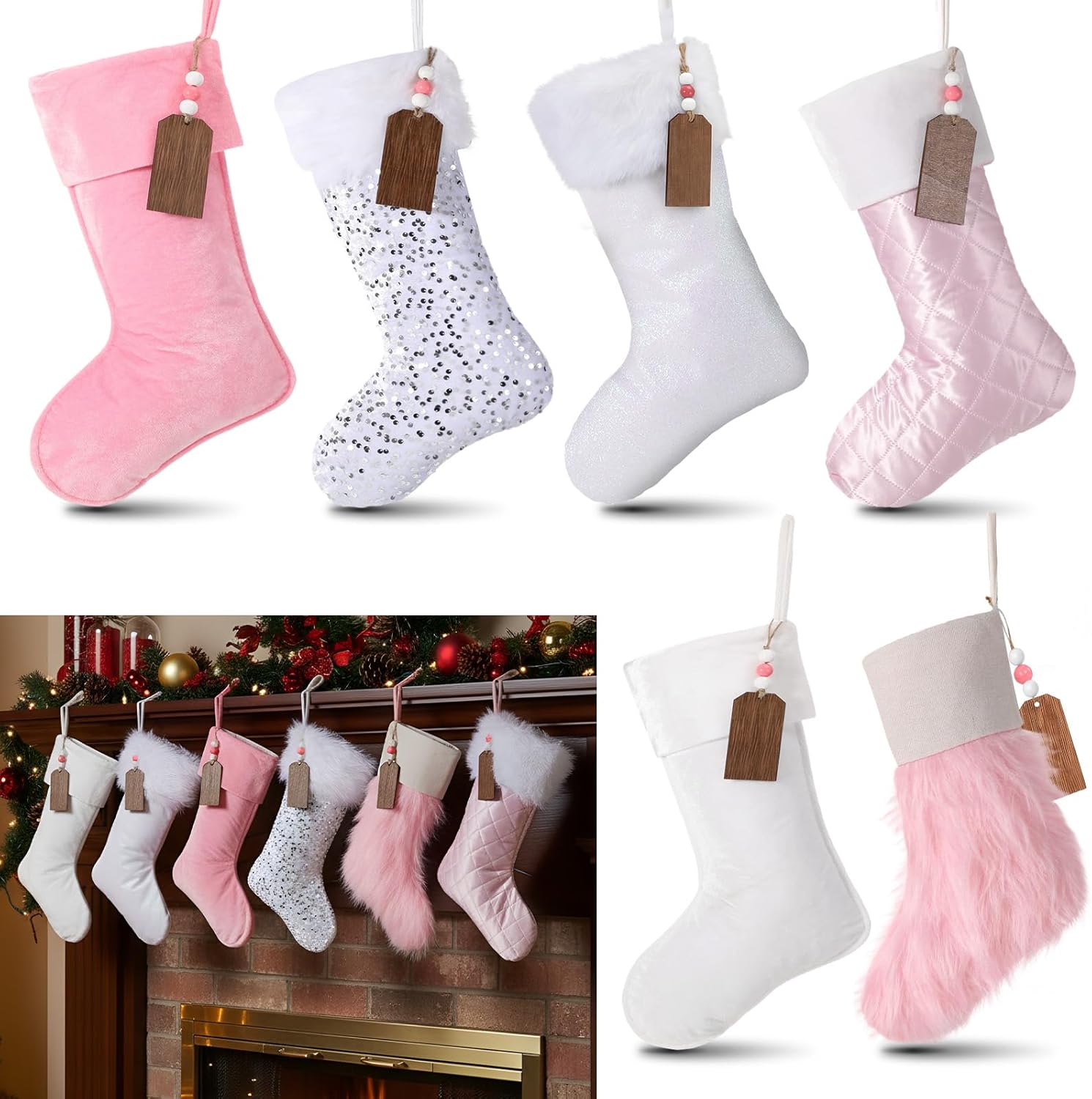 MiniInflat 6 Pack Christmas Stockings and 6 Pcs Wooden Xmas Name Tags, 14 Inch Plush Velvet Sequins Glitter Personalized Hanging Stockings for Christmas Fireplace Home Decorations(Pink)