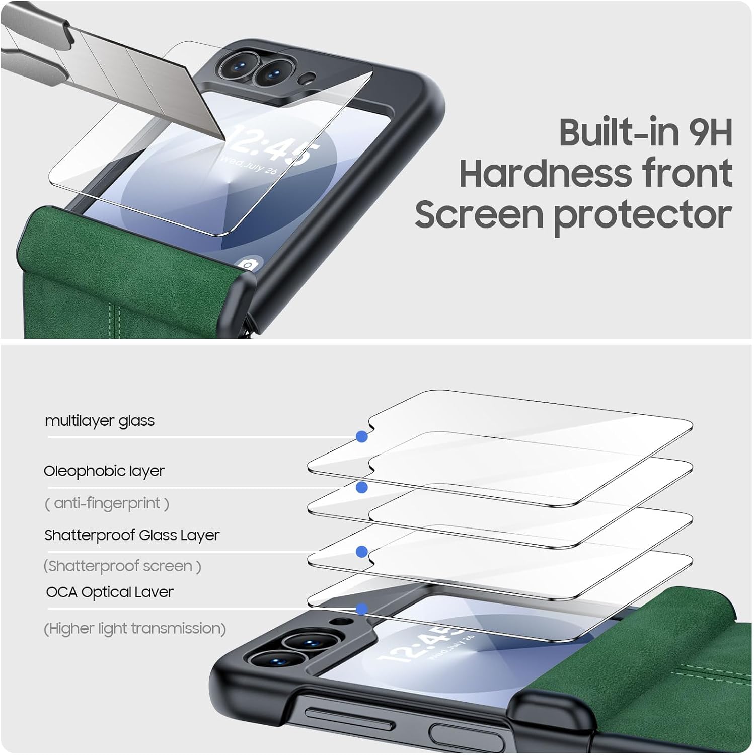 for Samsung Galaxy Z Flip 6 Case/Z Flip 7 FE Case with Hinge Protection & Built-in Screen Protector, Ultra Thin Leather Shockproof Cover Phone Case for Galaxy Z Flip 6/Z Flip 7 FE-Green