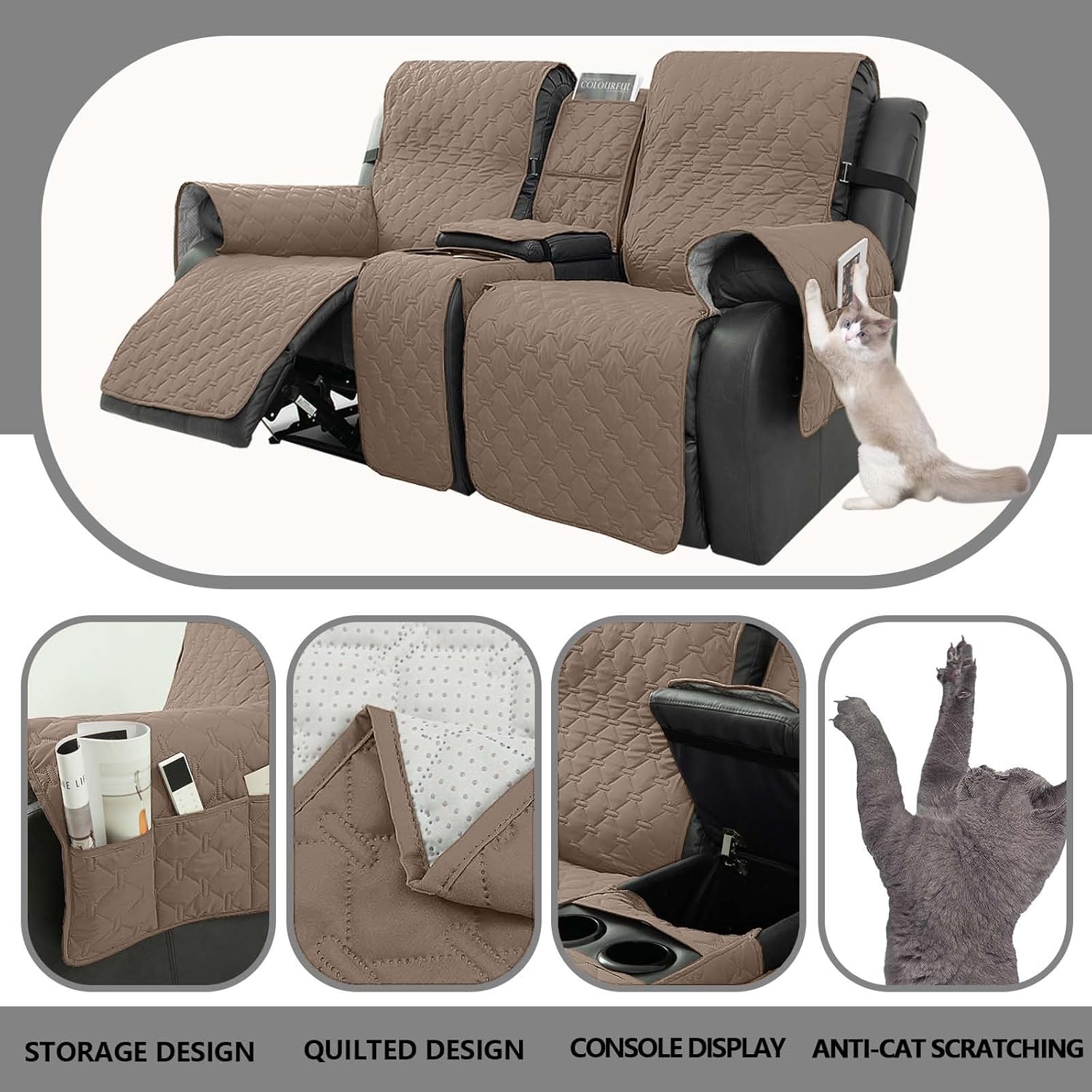 Loveseat Recliner Cover with Center Console, 100% Waterproof Pet Cover for Dual Recliner with Straps Design, Split Reclining Loveseat Covers Furniture Pet&Kids Protector (Grayish Brown)