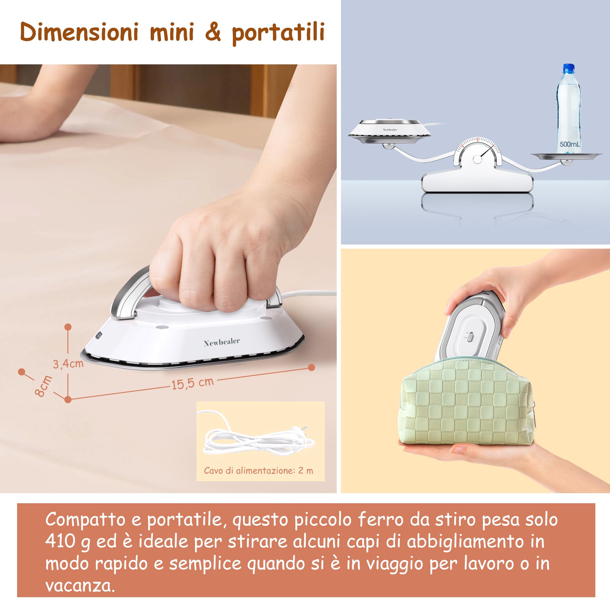 Newbealer Ferro da Stiro da Viaggio, Ferro da Viaggio Mini Portatile Leggera Compatto senza Vapore, Stirare i Vestiti, Tensione Universale 100-240V, Bianco