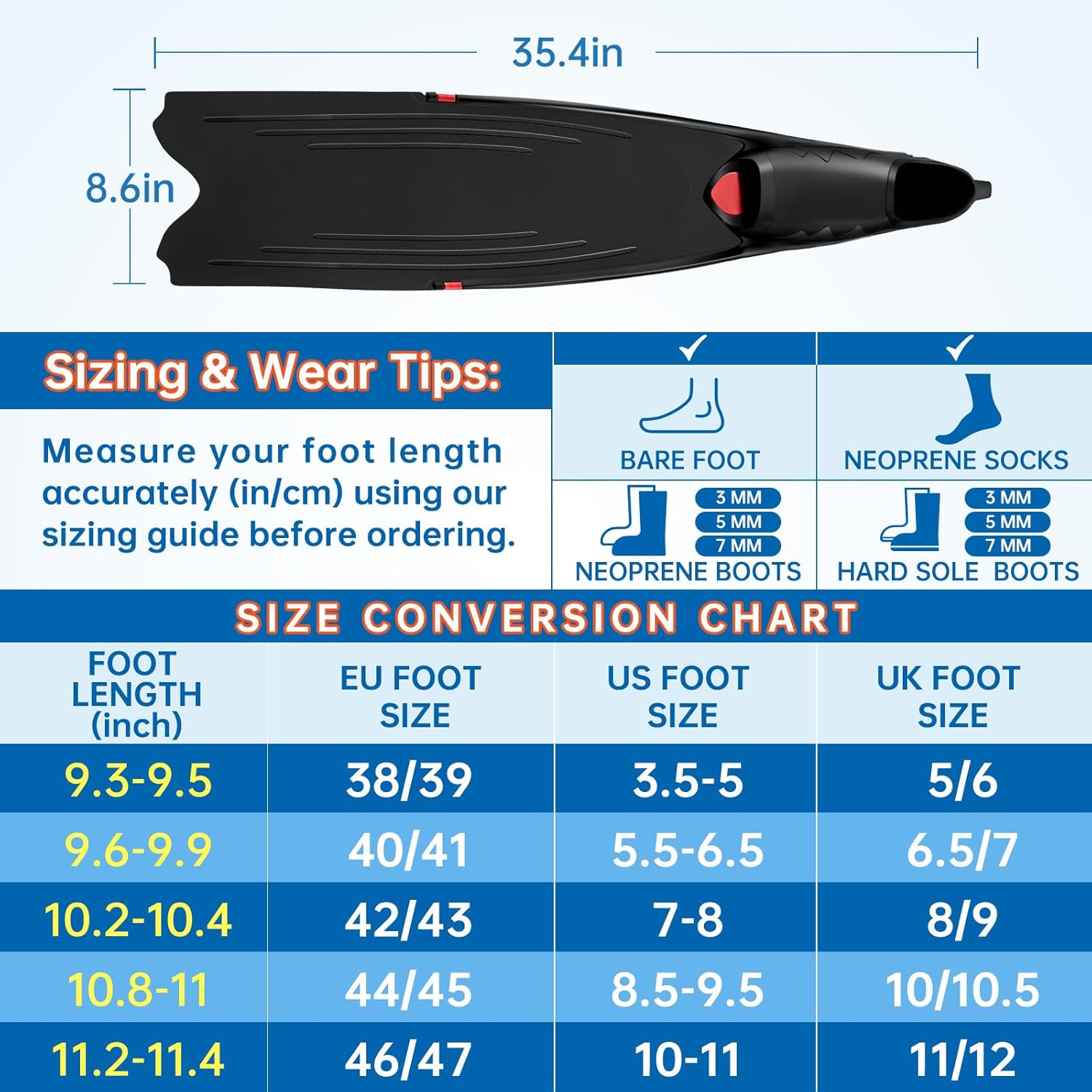 Freediving Fins, Full Foot Pocket Long Blade Diving Fins, Adult Snorkeling Fins for Scuba Diving, Spearfishing and Freediving