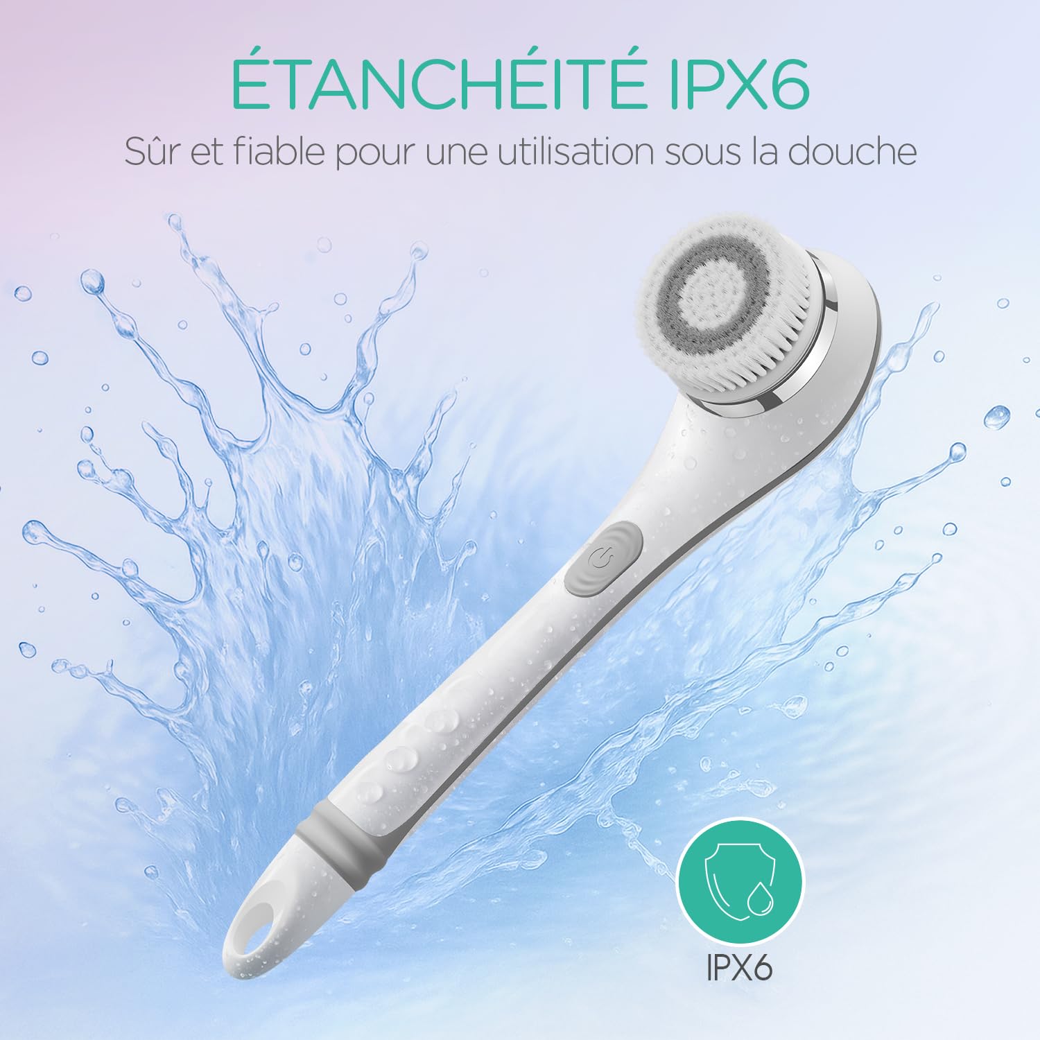 VOYOR 4 en 1 Brosse Dos Douche Électrique Brosse Douche pour Le Dos avec Manche Long pour Femme Homme Exfoliant, Nettoyage De La Peau, Massage Rechargeable Sans Fil BC100 (Gris)