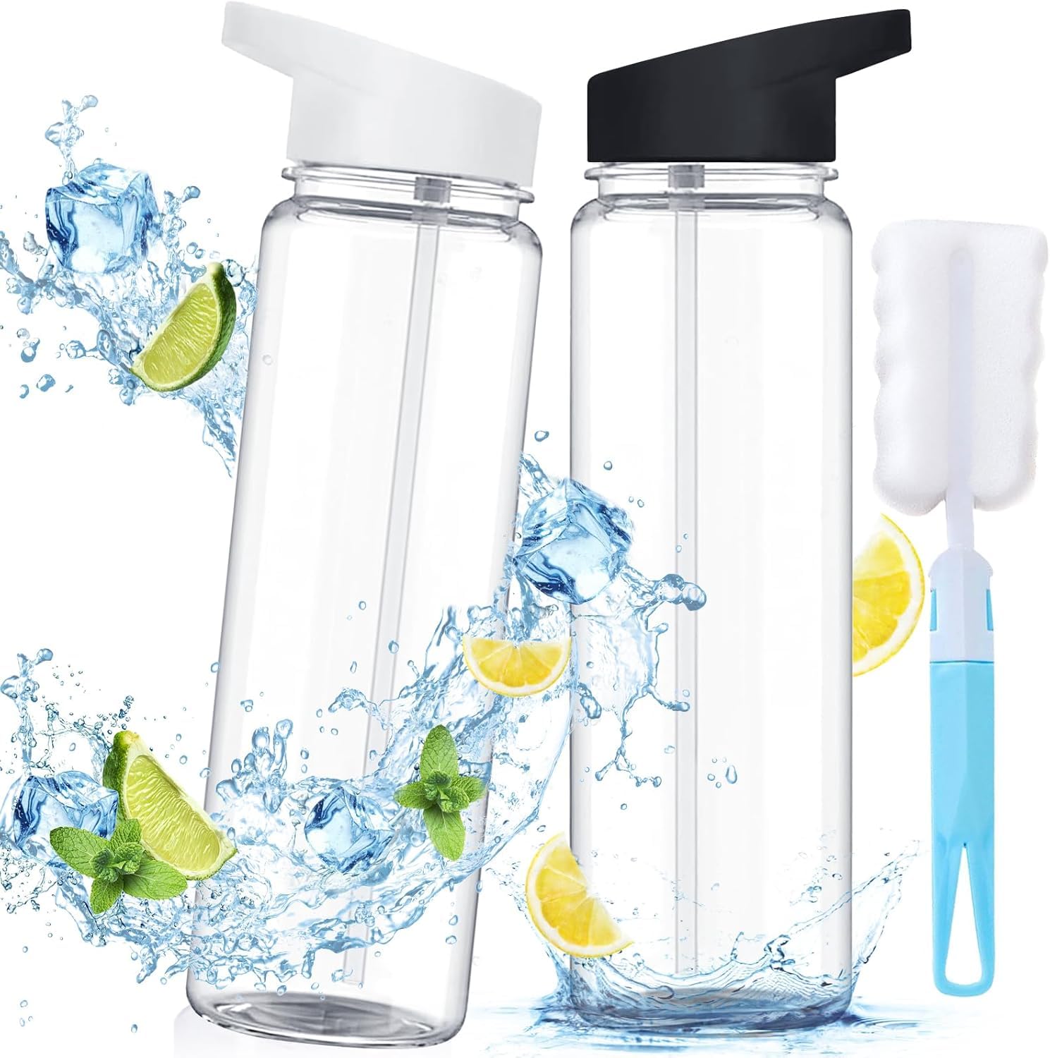 2PCS Leak Proof Sports exam Water Bottles,750ml Clear Plastic Bottles with Filter Flip-Top Lid and Reusable Design for Gym School Sports and Cycling Gift for Students Teachers Friends