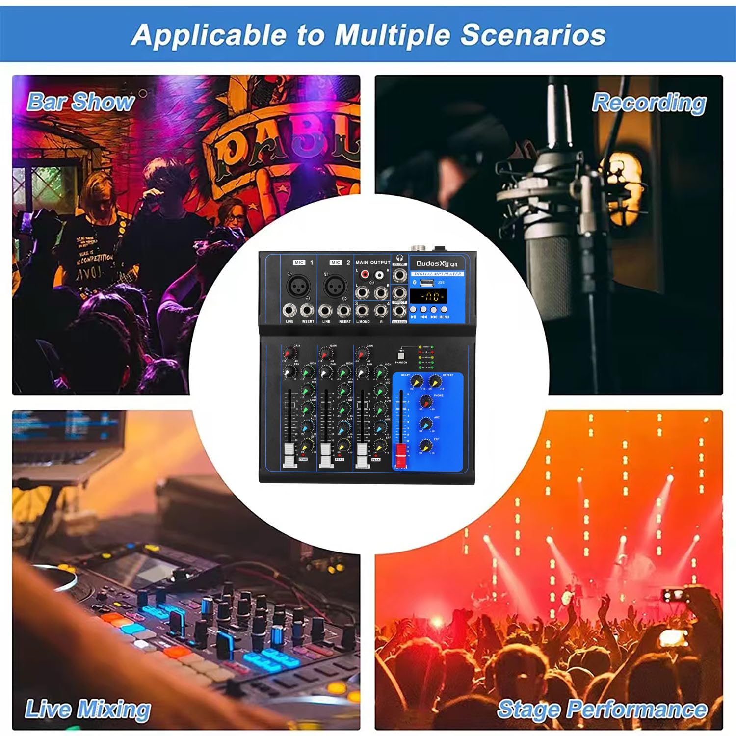 Mixer Audio Professionale Scheda Audio Console Interfaccia Sistema 4 Canali USB Digitale Bluetooth MP3 Ingresso Computer 48V Phantom Power Stereo DJ Studio Streaming