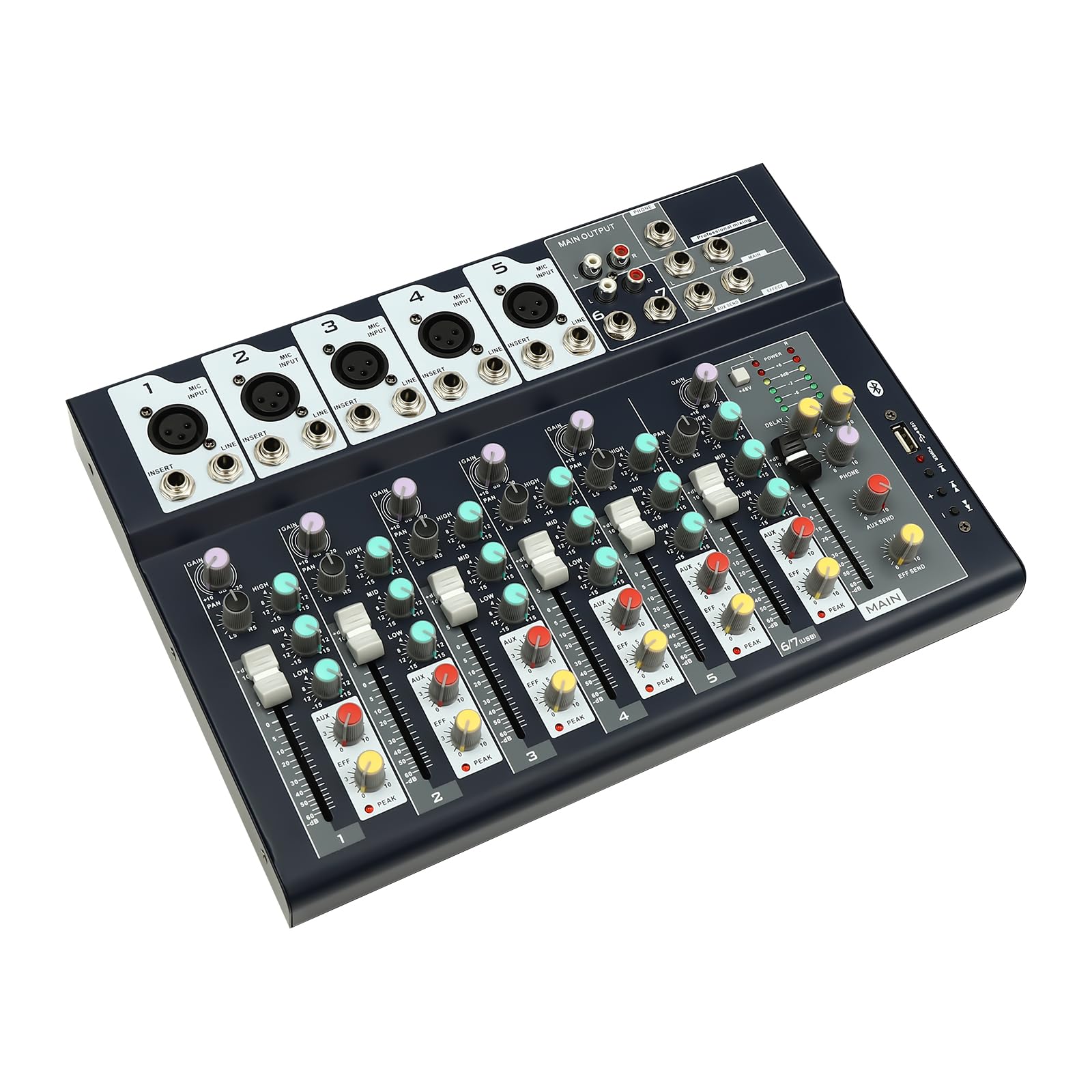 Mezclador de audio profesional, 7 canales estéreo, mesa de mezclas con ecualizador de triple frecuencia, mezclador de audio con entrada de 48 V, alimentación fantasma para grabación, DJ, escenario