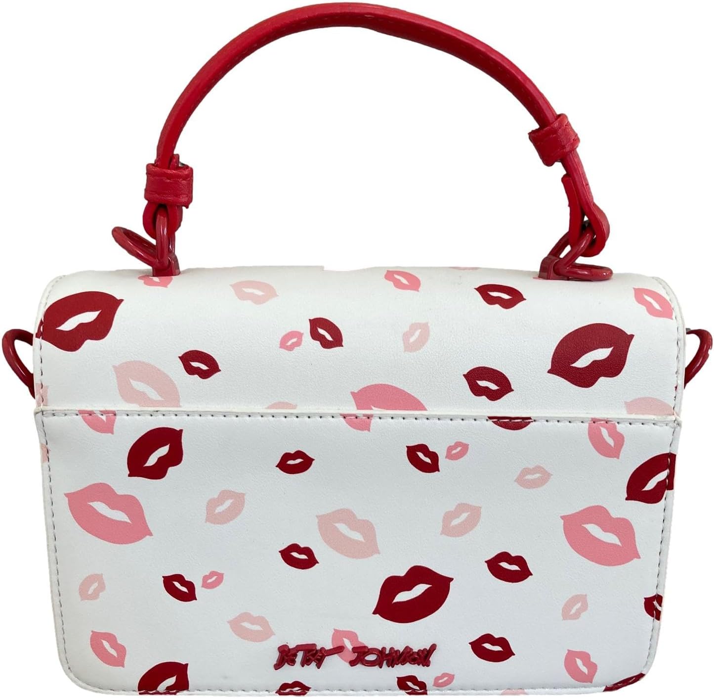 Betsey Johnson XO MYLES Allover Red/Pink Kiss Lips Printed MINI Red & White Faux Leather Fold Over Closure with XOX Rhinestone Red Heart Plaque Fashion Detail MINI Top Handle Crossbody Shoulder Bag