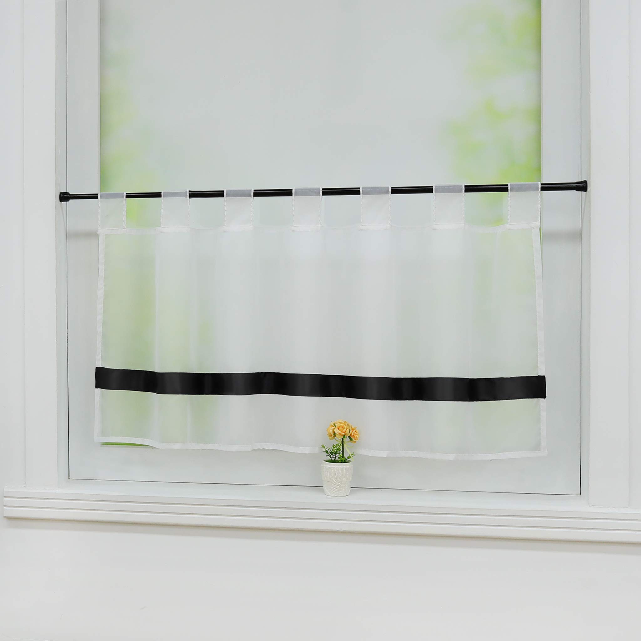 Joyswahl Julie Voile Bistro Curtains with Satin Ribbon, Loops Kitchen Short Curtain H x W 45 x 90 cm Black Pack of 1 - Image 2