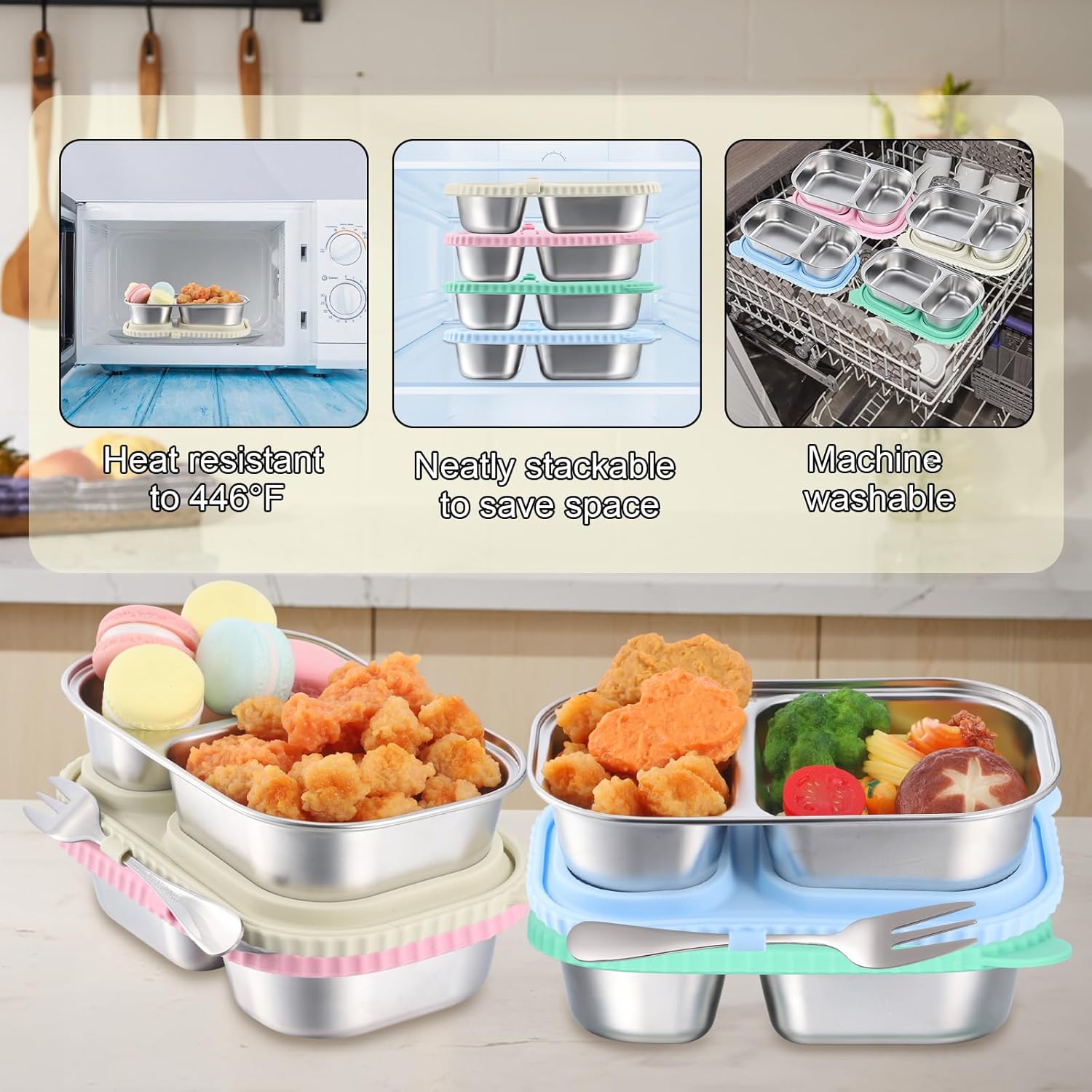 4 Pack Stainless Steel Snack Containers 2 Compartment Snack Containers with Lids Lunch Container 14 oz Food Box for Adult Outdoor Camping (Green,Blue,Pink,White)