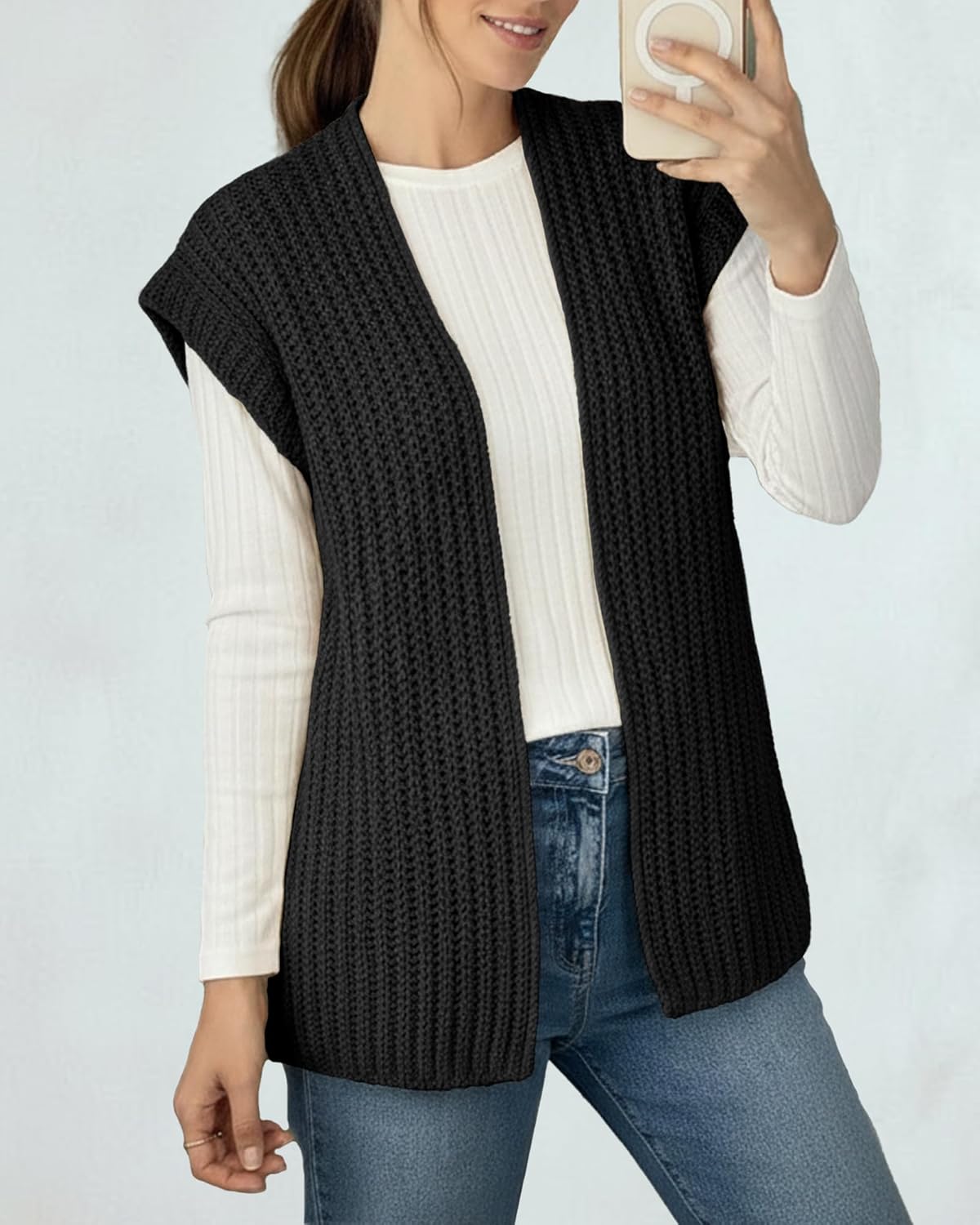 Womens Fall Sleeveless Chunky Knit Long Sweater Vest Crochet Trendy Open Front Cardigan Sweater Tops - Image 4