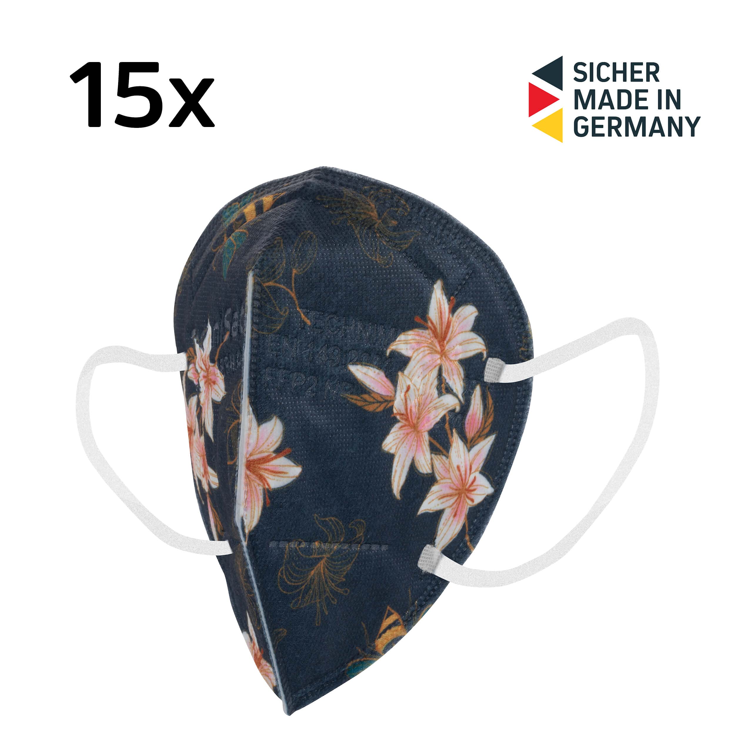 TechniSat TECHNIMASK 2.0 - FFP2 Maske (5-lagige Gesichtsmaske mit hochwertigem Vlies, Mund- und Nasen-Bedeckung, dermatologisch getestet, Made in Germany) Muster Blumen - 15 Stück