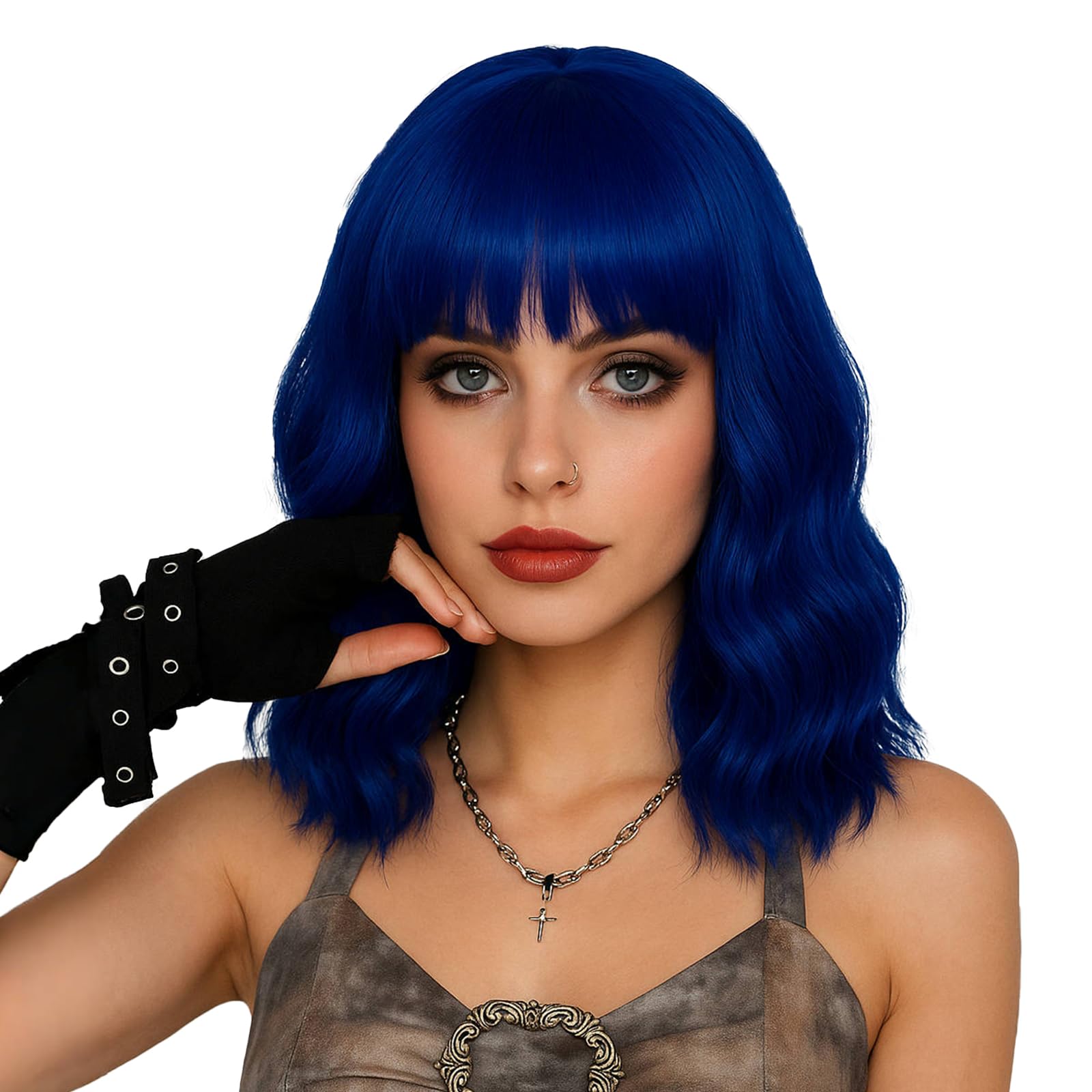 LABEAUTÉ Blue Wig Short Bob Wavy Wig with Air Bangs for Women, Heat Resistance Shoulder Length Curled Wigs for Daily Use, Cosplay and Theme Parties- 14inch, Royal Blue