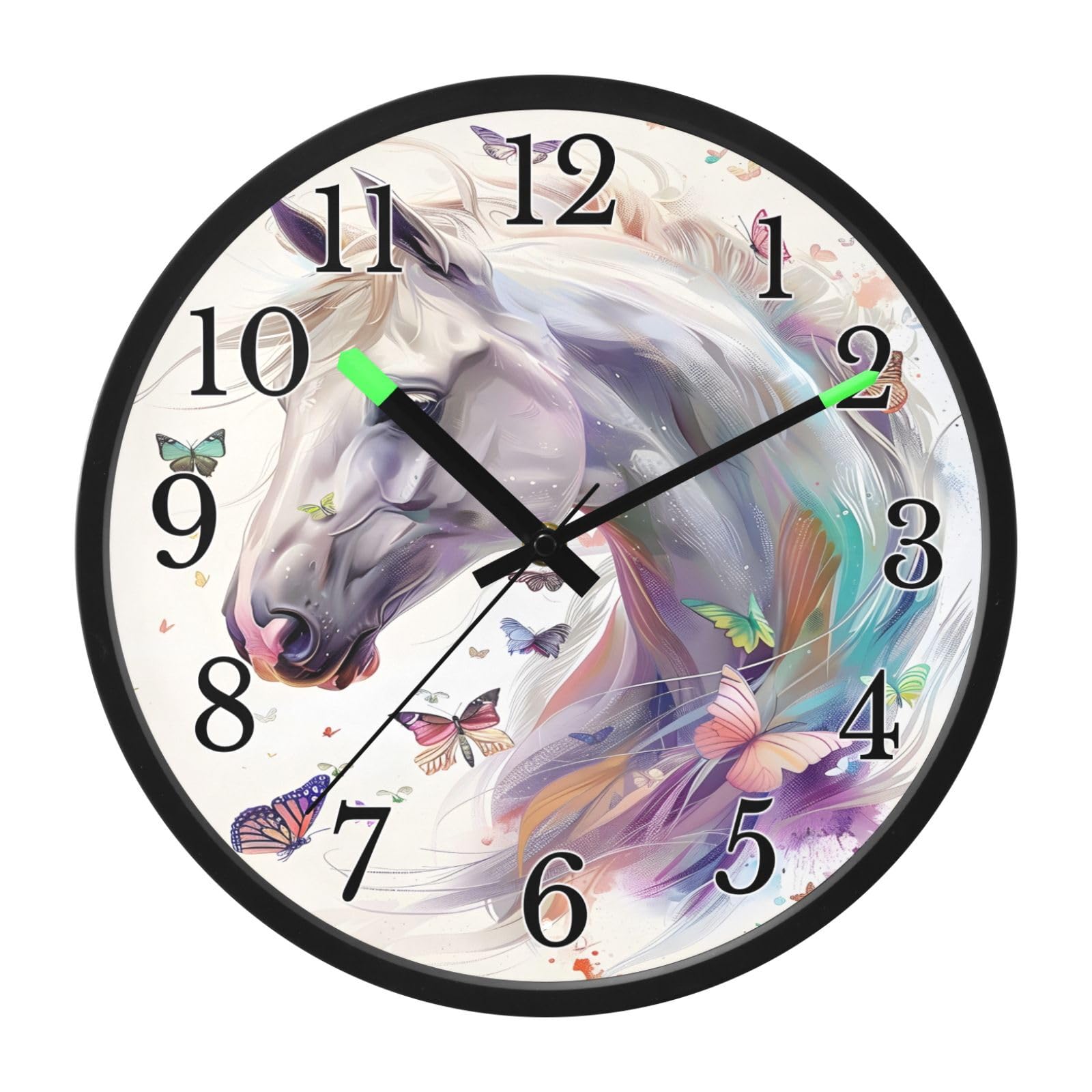 Mnsruu Reloj de pared luminoso con diseño de caballo blanco y mariposa y unicornio, funciona con pilas, silencioso, brilla en la oscuridad, para sala de estar, cocina, 12 pulgadas