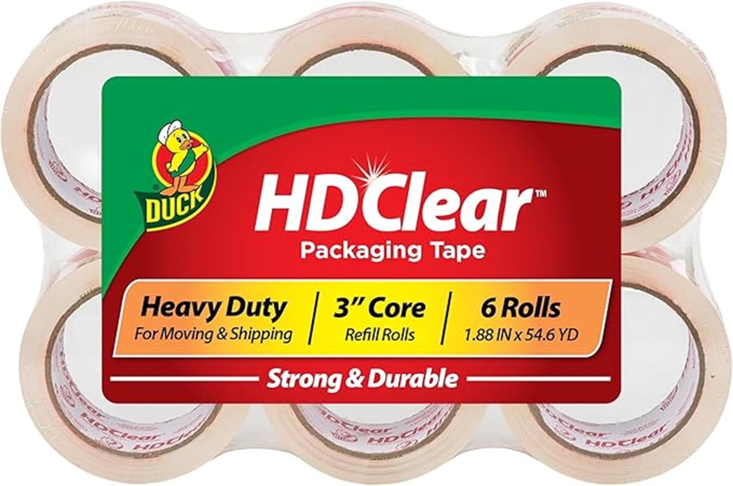 Duck Brand HD Clear High Performance Packaging Tape, 1.88-Inch x 54.6-Yard, Crystal Clear, 6-Pack (441962)