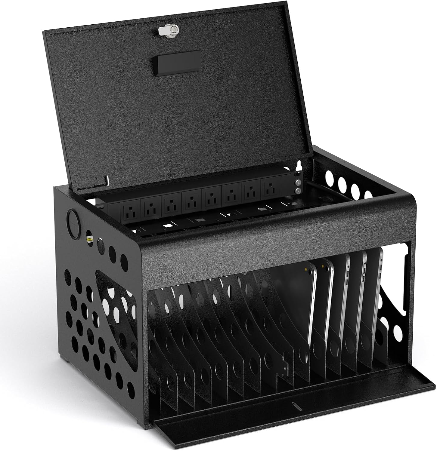 16-Device Charging Station for Chromebooks - Locking Charging Cabinet with Cable Management, Charger Storage, and Lock Included - Fits 14'' Screensize and 1.2'' Thick Tablets (Black)