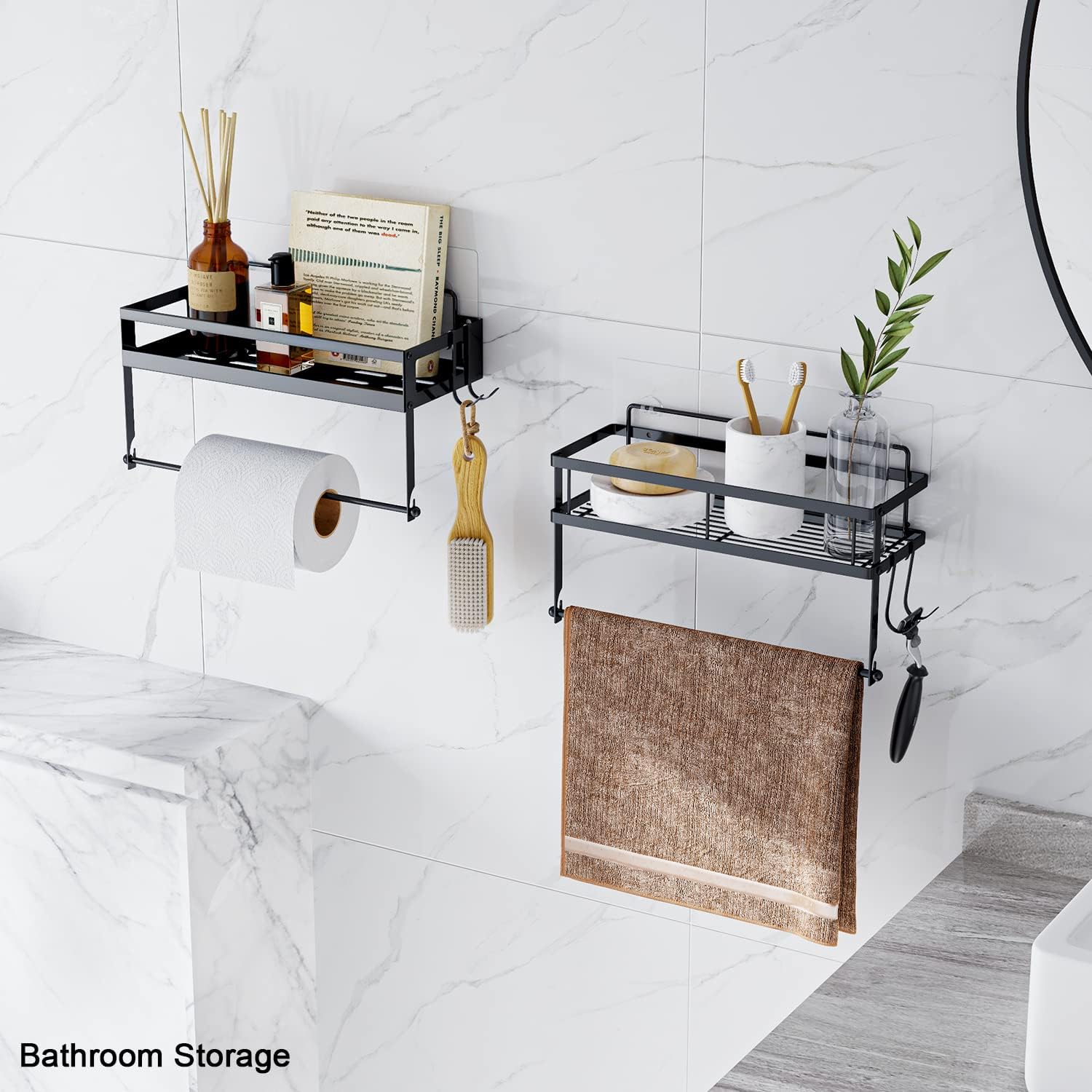 ESOW Paper Towel Holder with Shelf Storage, Adhesive Wall Mount 2-in-1 Basket Organizer for Kitchen & Bathroom, Durable Metal Wire Design, Stainless Steel 304 Matte Black Finish, 2 Packs