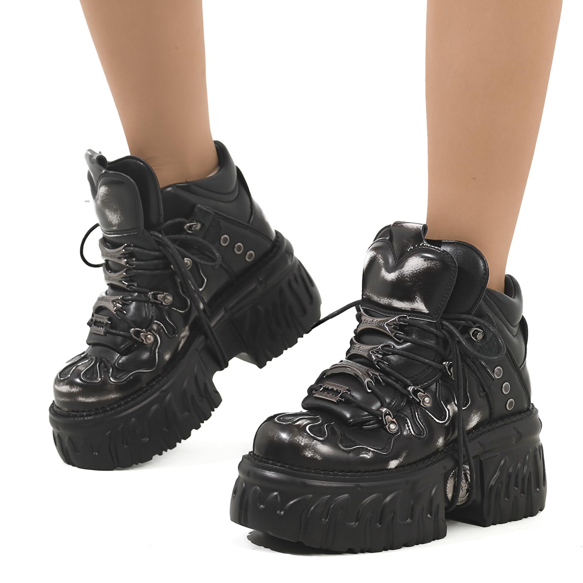 Stivali con Plateau Gotici da Donna, Scarpe Stile Punk Rock Heavy Metal Stivaletti Stringati Chunky con Design a Fiamma e Dettagli in Metallo