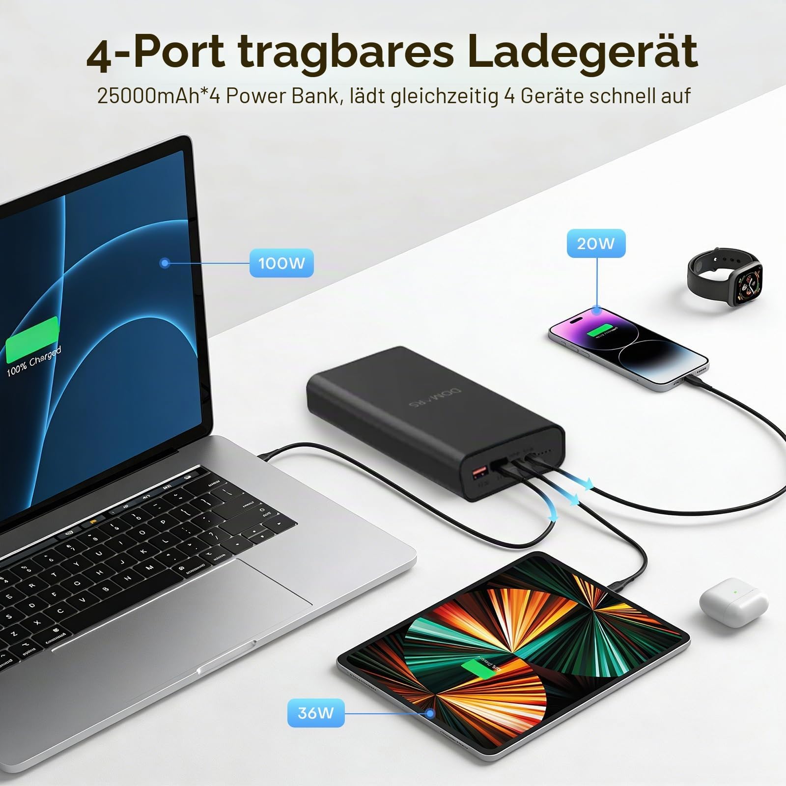 100 W USB-C PD Schnellladekabel für Laptop und Smartphone – 25000 mAh Powerbank und Ladestation für mehrere Geräte – Plug & Charge, kein QR-Code erforderlich – Ideal für Hotels, Coworking Space