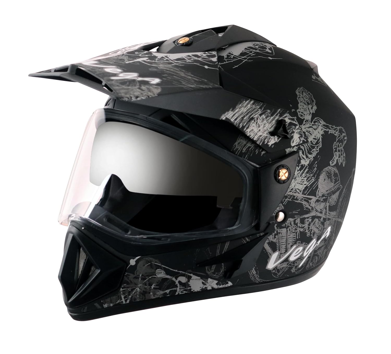 Vega Off Road Sketch ISI Certified Matt Finish Full Face Dual Visor with Peak Helmet for Men and Women Outer Clear Visor and Inner Smoke Sun Visor(Dull Black Silver, Size:M) Vega Off Road Sketch ISI Certified Matt Finish Full Face Dual Visor with Peak Helmet for Men and Women Outer Clear Visor and Inner Smoke Sun Visor(Dull Black Silver, Size:M)