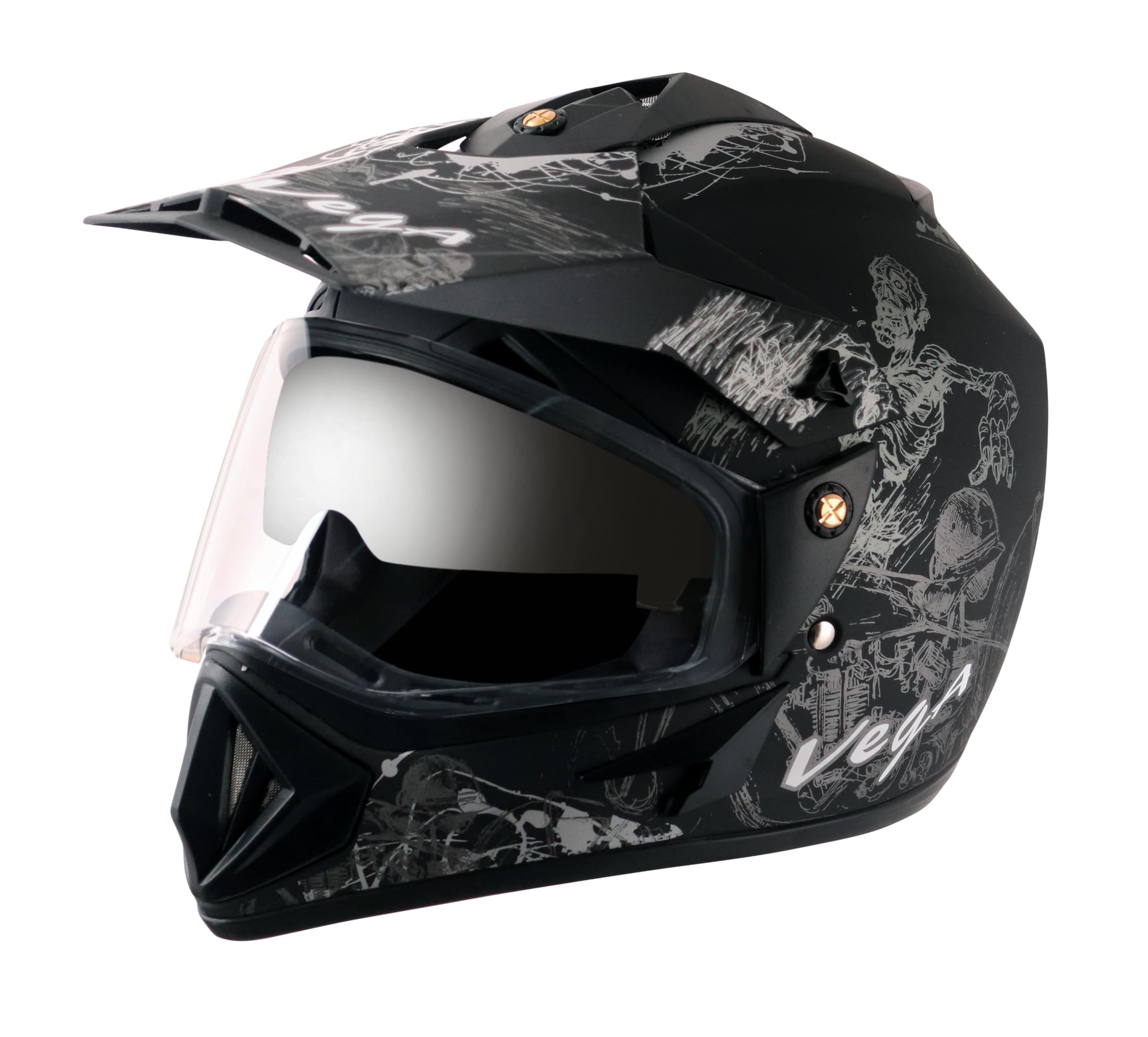 Vega Off Road Sketch ISI Certified Matt Finish Full Face Dual Visor with Peak Helmet for Men and Women Outer Clear Visor and Inner Smoke Sun Visor(Dull Black Silver, Size:M)