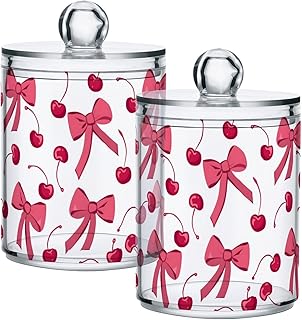 ALAZA 2 Pack Qtip Holder Dispenser for Cotton Ball Pink Cherry Bow Cotton Swab Round Pads Clear Plastic Acrylic Jar Set Bathroom Canister