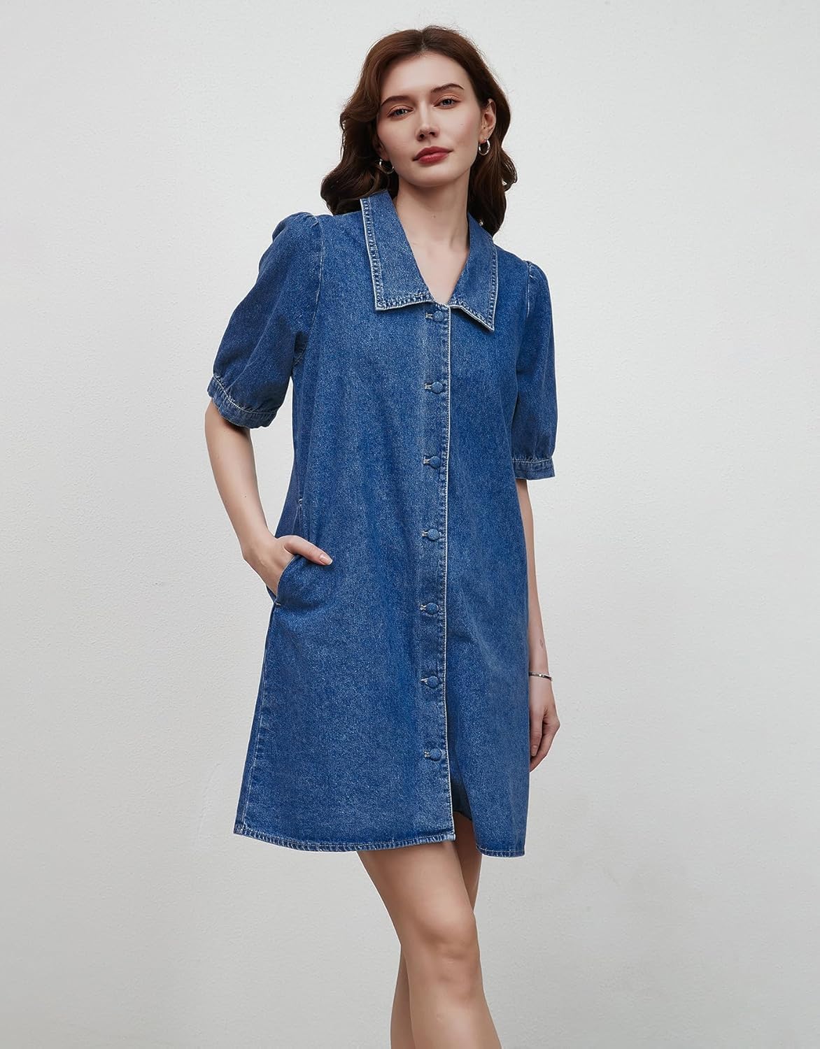 Kedera Denim Dress for Women Babydoll Short Sleeve Button Down Jean Shirt Dresses with Pockets - Image 4