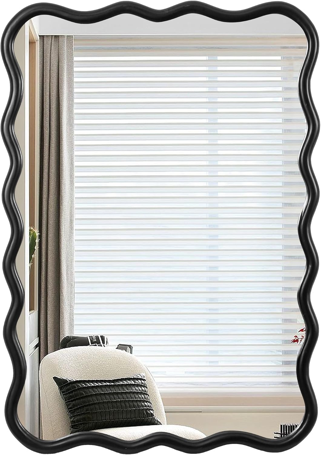 40" x 28" Wavy Mirror, Wall Mounted Modern Decorative Mirror, Rectangle Wooden Frame, Clear Hd Glass for Cloakroom Bedroom, Bathroom, Living Room(Black)