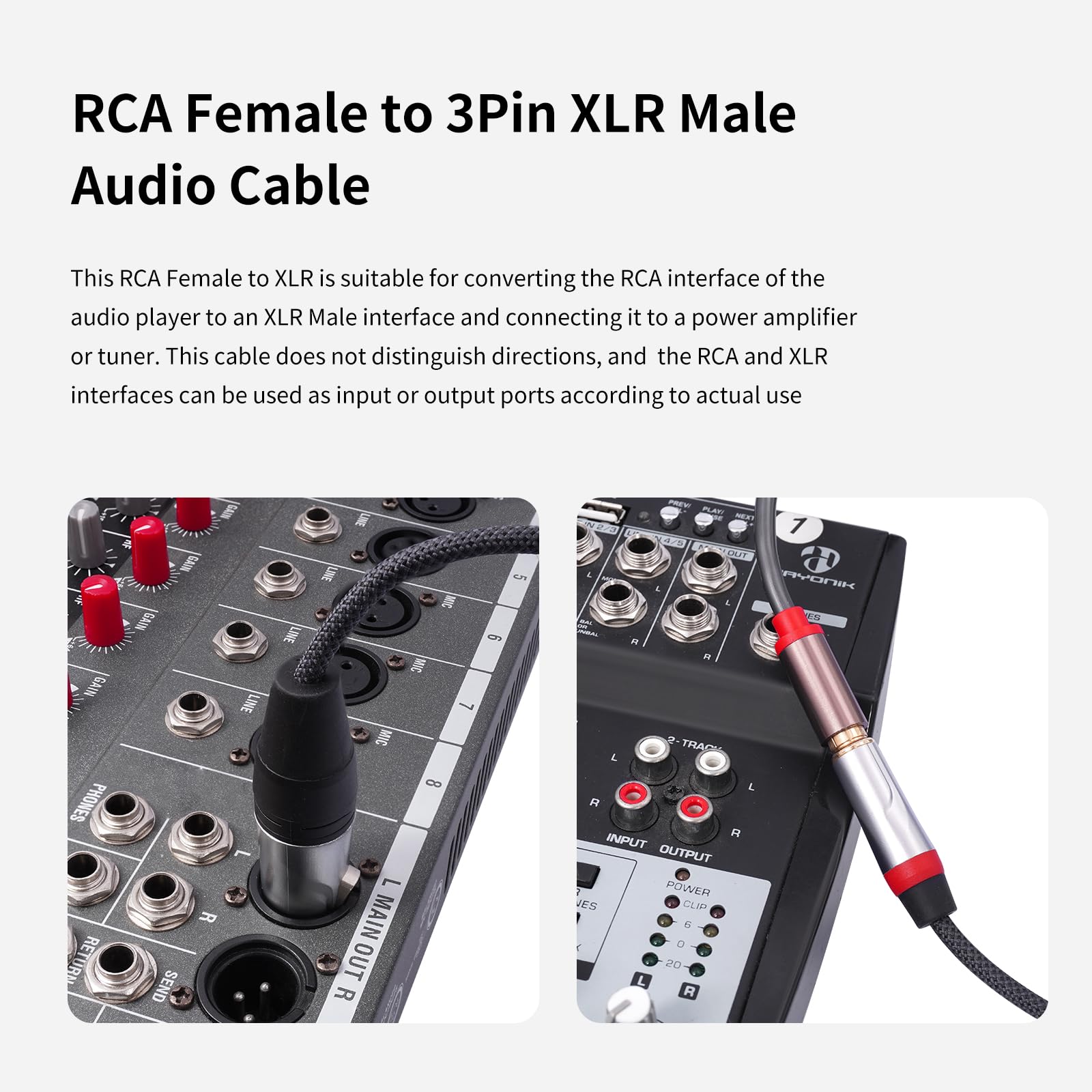 2 x kabel audio RCA żeński na 3-pinowy męski kabel audio; balans XLR męski na RCA żeński niesymetryczny, mikser, wzmacniacz mocy, kabel odtwarzacza audio