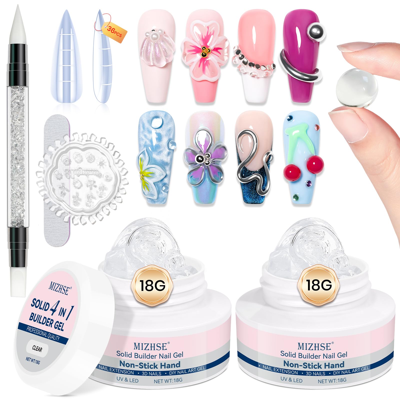 MIZHSE Fester Builder Gel Set für Nagelverlängerung, Clear 3D Gel Nail Art, Aufbaugel für Gelnägel mit Silikon Nagel Pinsel, Multifunktions Nägel Glue für Nageldesign, Non Stick Clear 18G 2er Pack