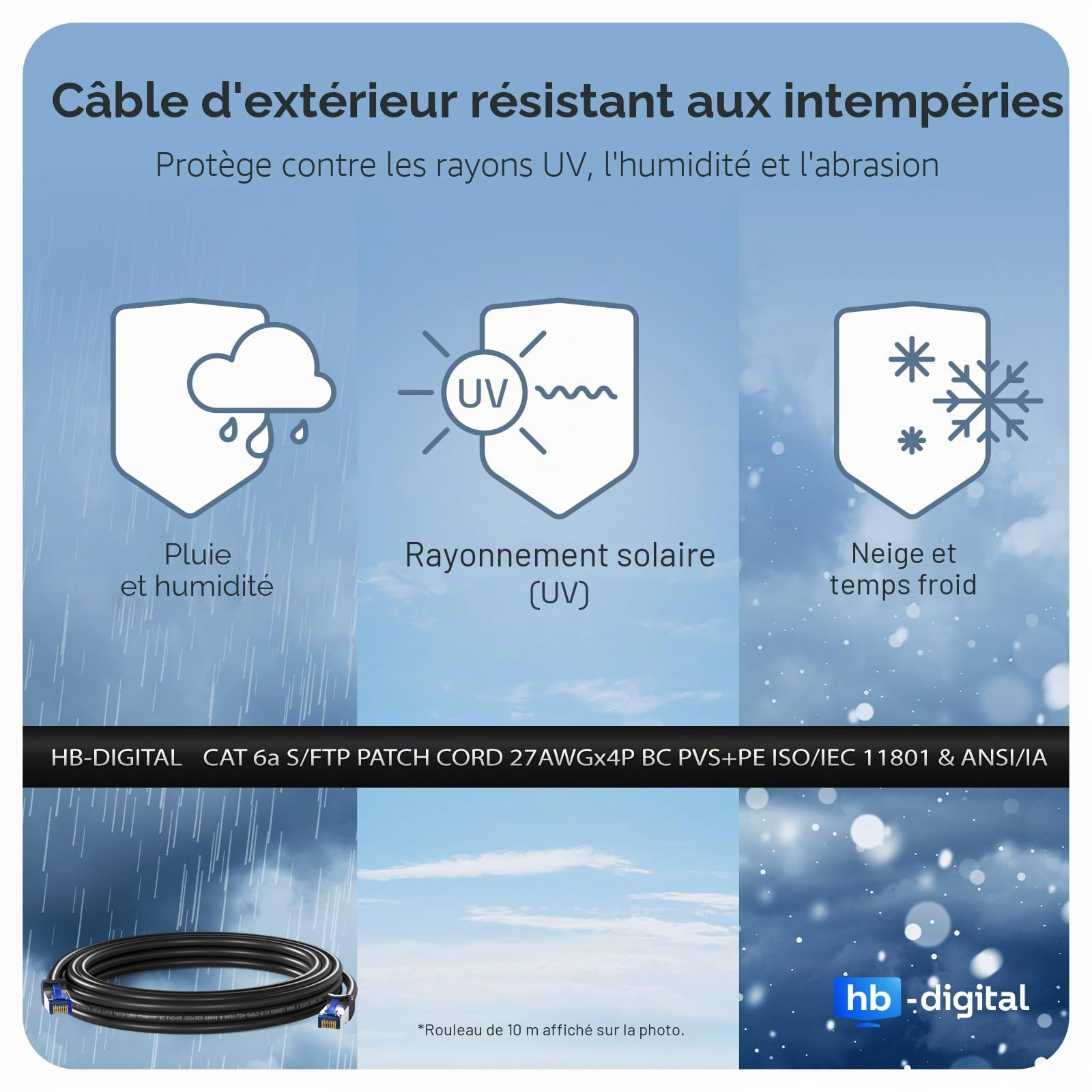 HB-DIGITAL 25m Cable Ethernet CAT6a Câble Réseau Extérieur Intérieur Connecteur RJ45 -Certifié GHMT- S/FTP PIMF 10Gbit/s AWG26 IP66 Résistant à la poussière/à l'eau/à l'huile/protégé contre UV -Noir