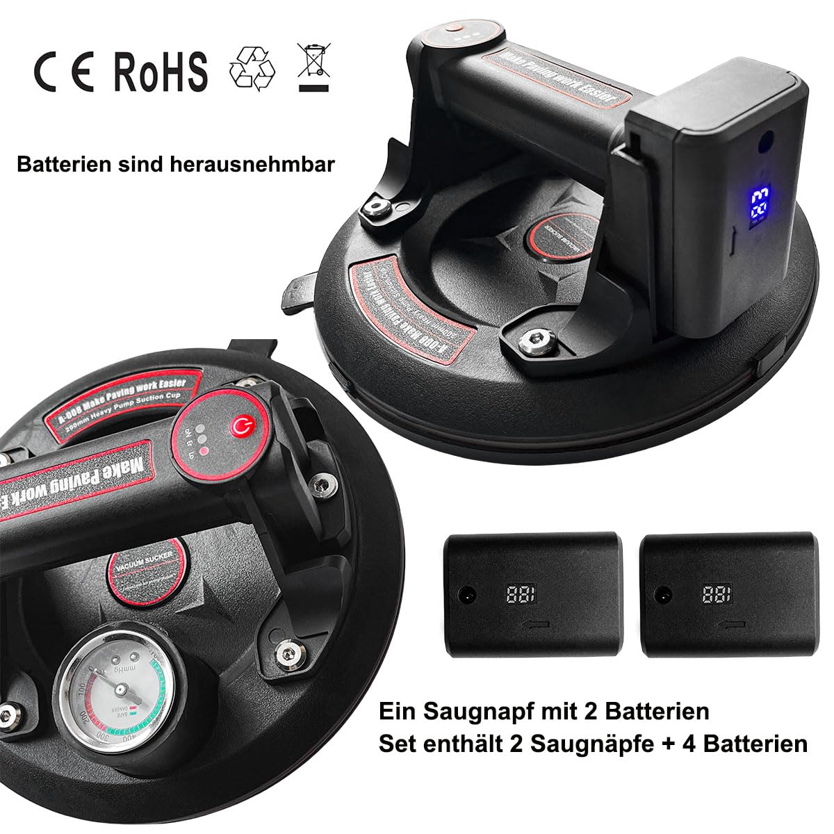 DURDUR 2 Pack 8" Saugheber Akku Fliesenheber mit Manometer 250KG|Akku x4,Elektrischer Saugheber Tragkraft,Dreigiges Pad Vakuum Glasheber für Transport von Aquarium,Fliesen, glas,Platten