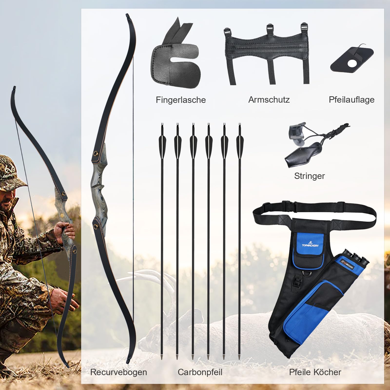 Pfeil und Bogen Set,60 Zoll Takedown Recurvebogen Sportbogen Holzbogengriff Rechtshand für Erwachsene & Fortgeschrittene 30-50lbs