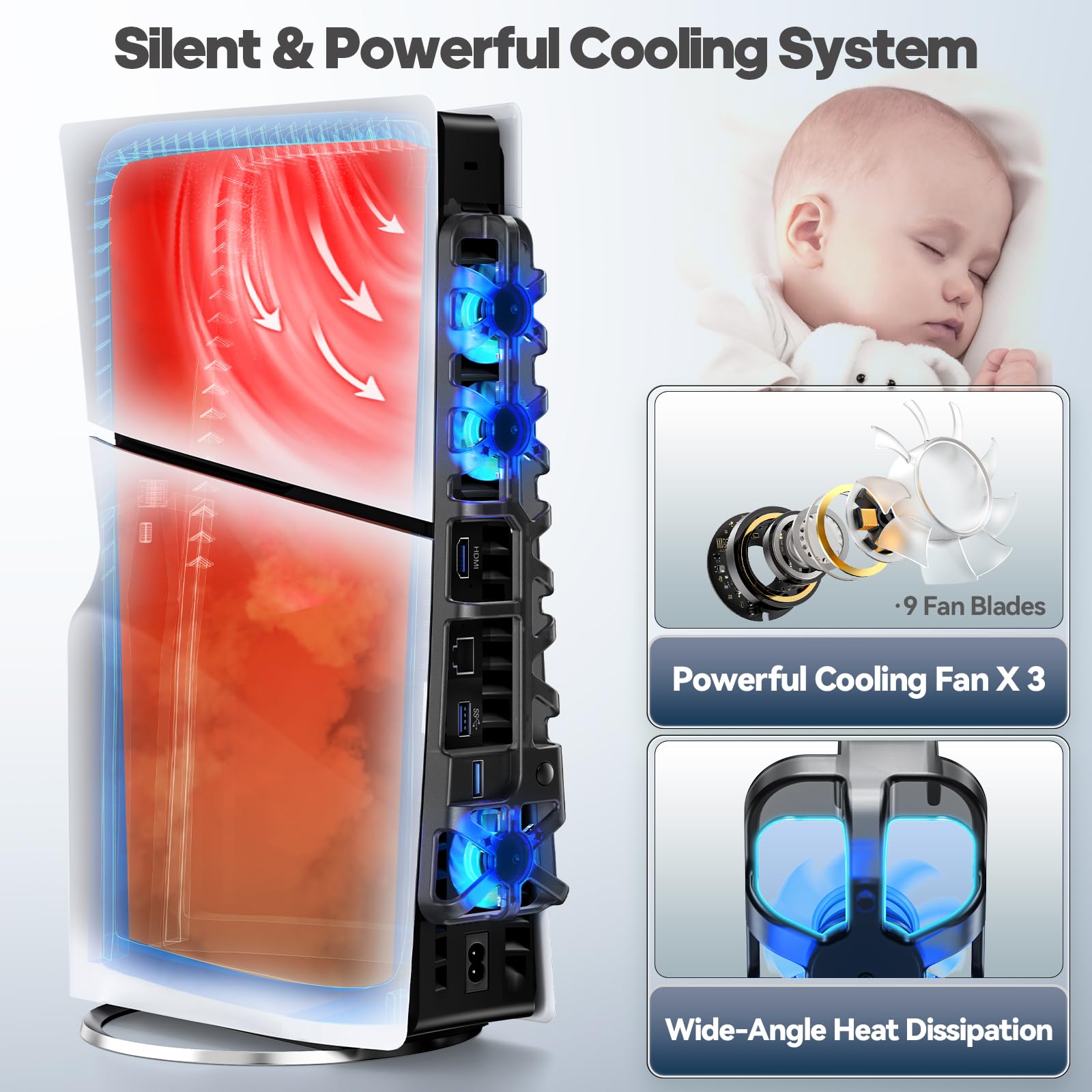 Tokluck PS5 Ventilador de Refrigeración para PS5 Slim Disc & Digital Consola, Ventilador para PS5 de 3 Velocidades con Función de Memoria y USB3.0 HUB, Refrigeración para PS5 con Luz Ambiental