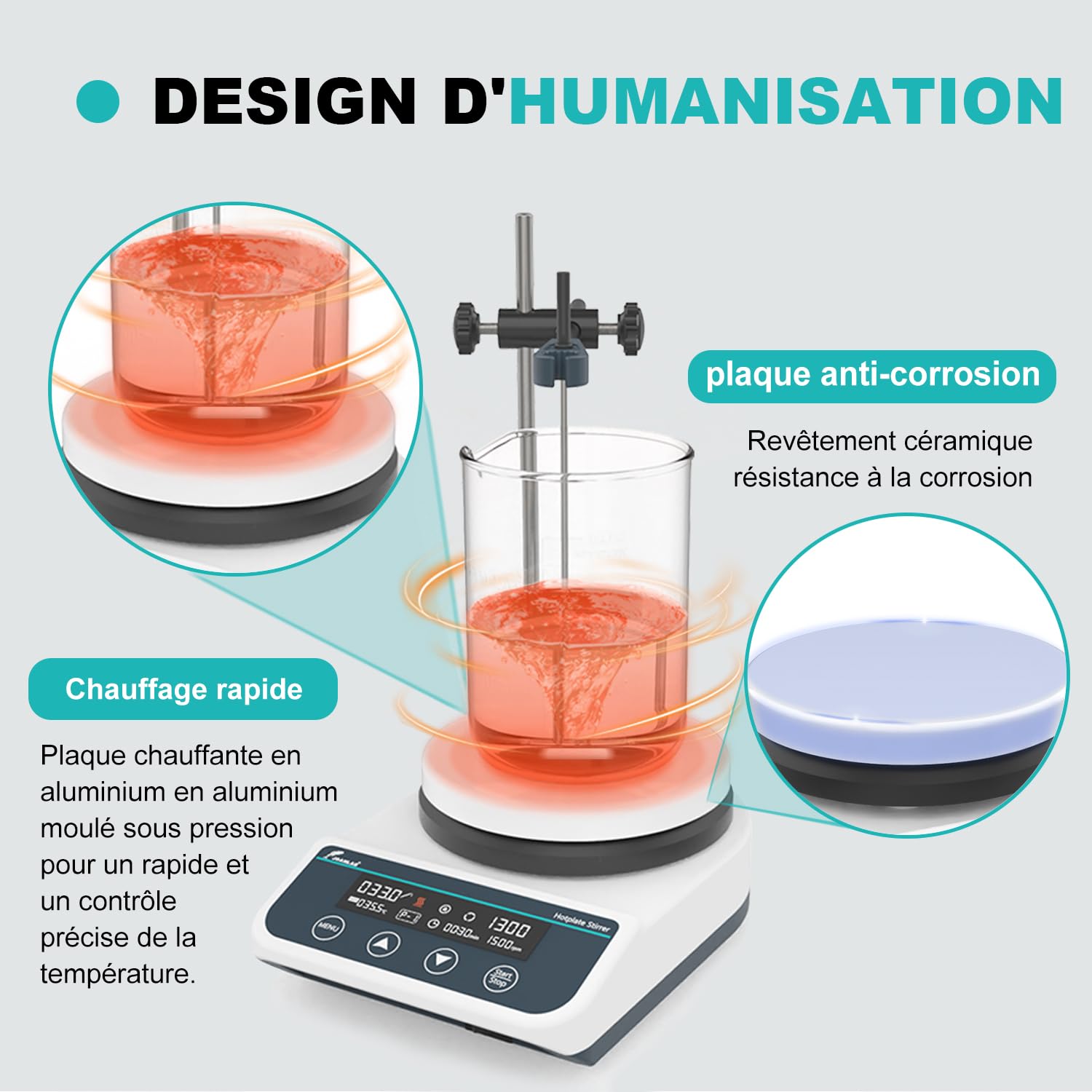JOANLAB Agitateur Magnétique avec Plaque Chauffante, 310°C, Plaque Chauffante Céramique 5 Pouces, Mélangeur Magnétique Numérique avec Minuterie, 50-1500 tr/min, 3L, Sonde de Température et Barreau