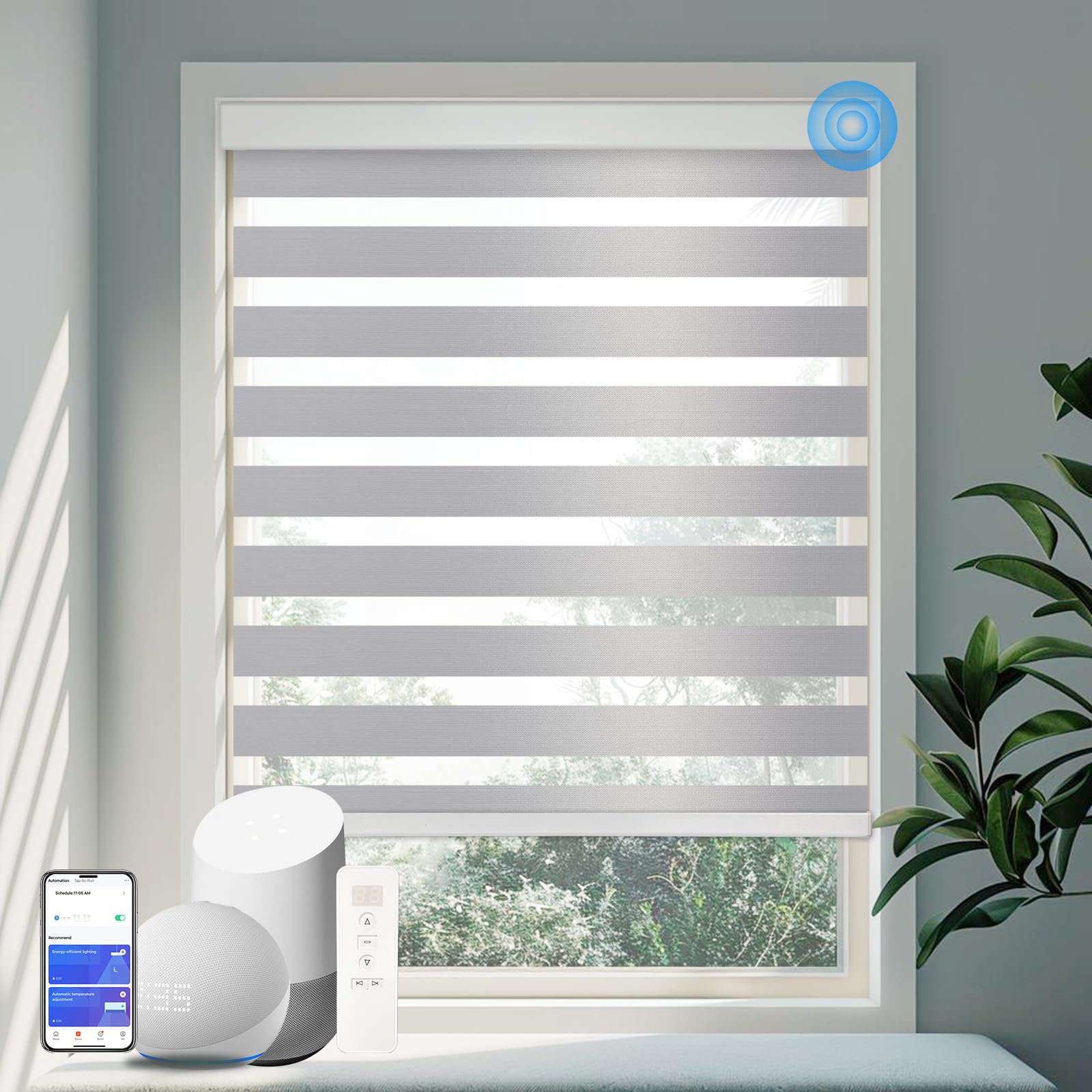 Motorized Zebra Blinds Custom Size Smart Dual Layer Shades for Windows with Remote | Assembled in USA | Electric Day and Night Privacy Light Filtering Rechargeable Quiet Motor Window Shades