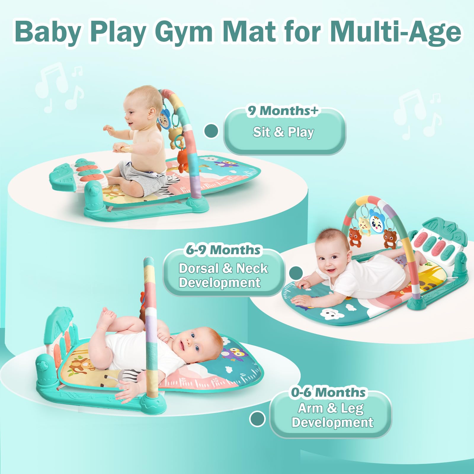 Tapis d'éveil Bébé 0-6 Mois avec Hochets et Musique de Piano, Tapis Sensoriel Motricité Vert