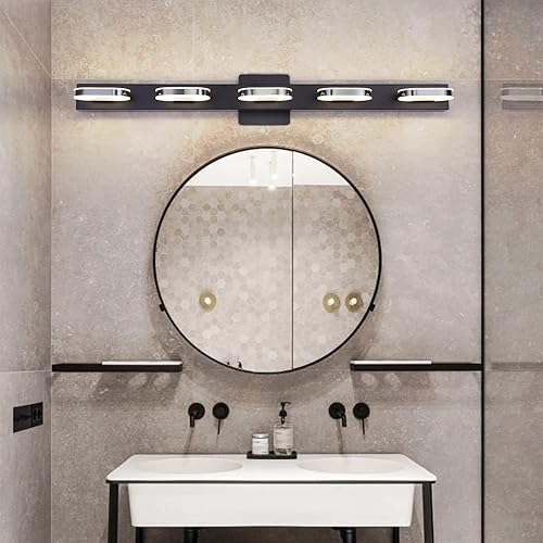Miniatura 5 de Moderna Lámpara LED de Tocador de 5 Luces para Baño Moderna Lámpara de Tocador Fija en Pared de 33 Pulgadas Luz Blanca Natural (Negro)