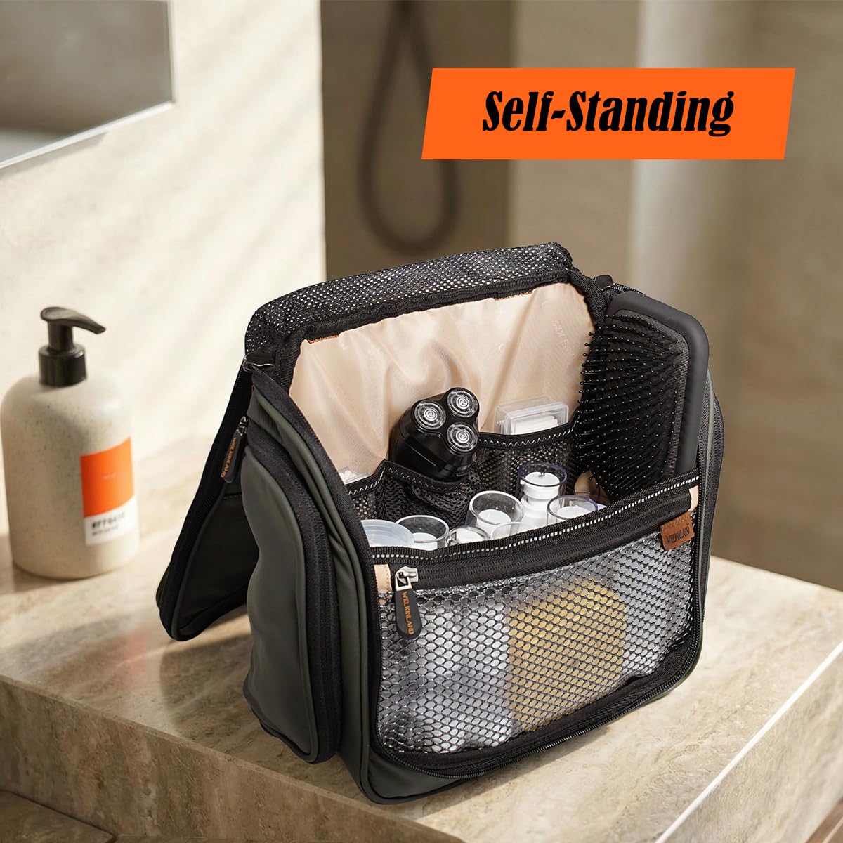 WELKINLAND Neceser colgante de 13 bolsillos, bolsa de aseo impermeable para hombre, kit de viaje grande para hombre, bolsa de viaje para baño, bolsa de viaje totalmente abierta para hombres, bolsa de