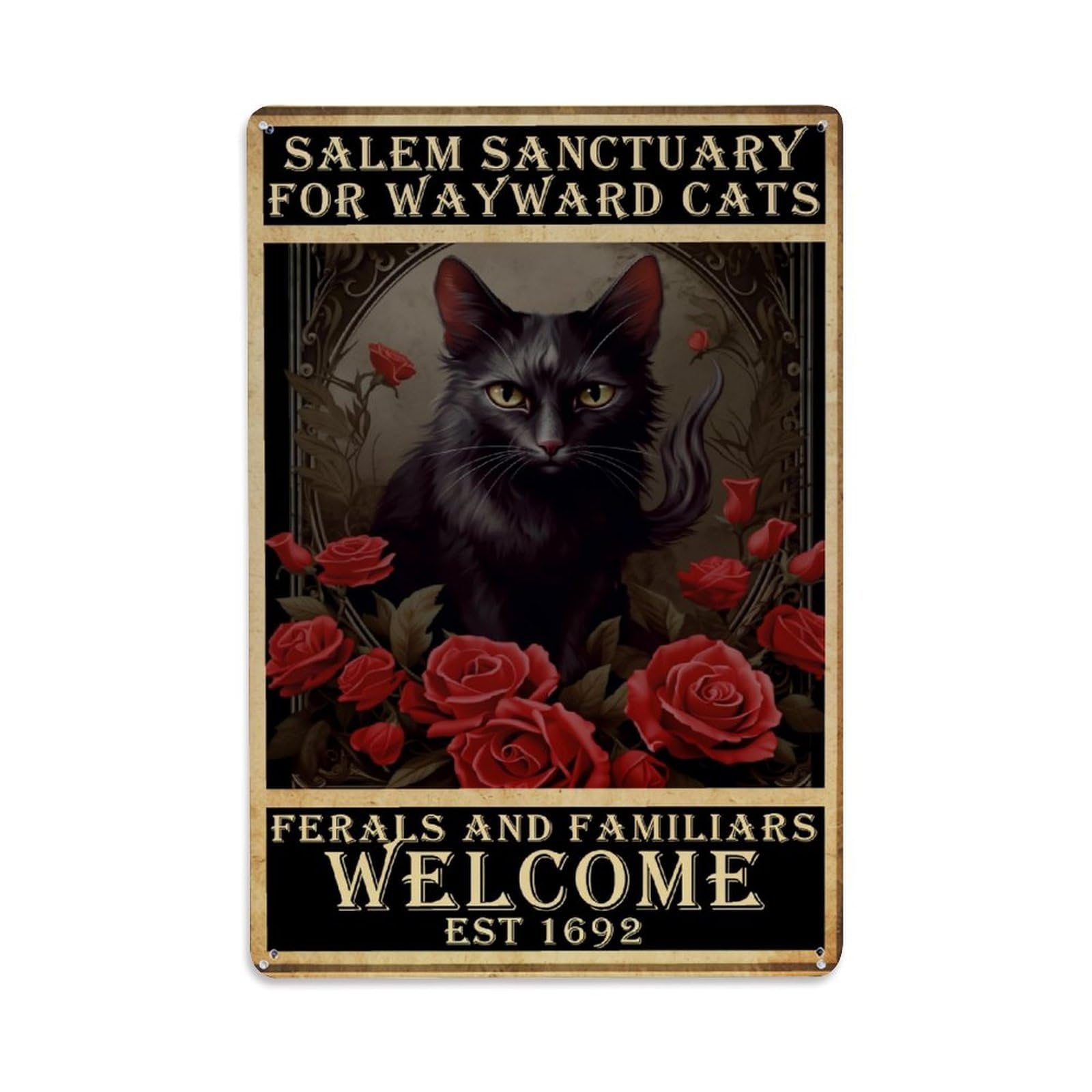 Bliveurn Vintage Black Cat Red Roses Welcome Retro Metal Tin Sign, Metal Poster For Home, Gaming Room, Studio Workshop,Bar,Garage Wall Art Decor 8X12 Inch