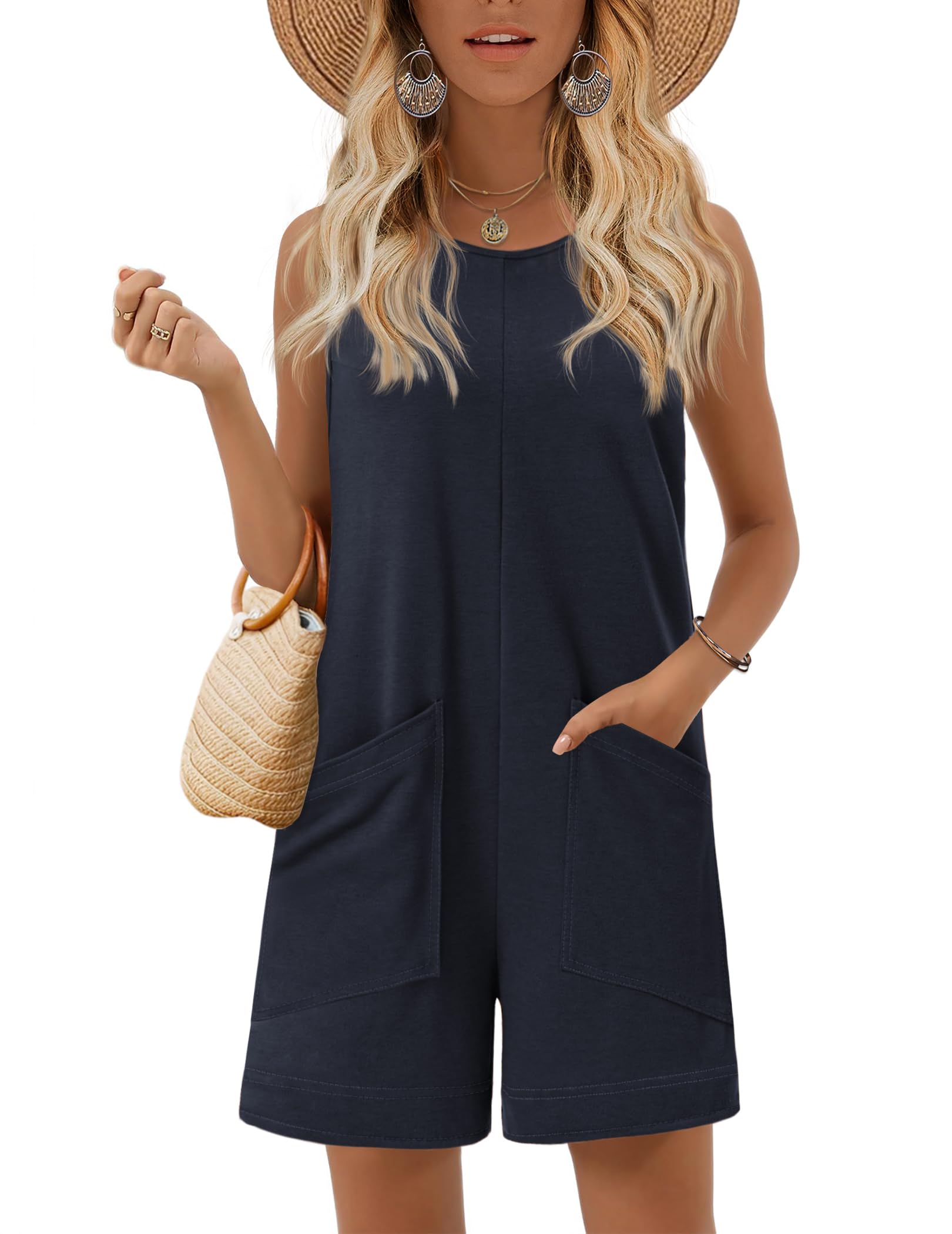 Ekouaer Womens Romper Summer Sleeveless Jumpsuit Casual Short Overalls with Pocket 2025