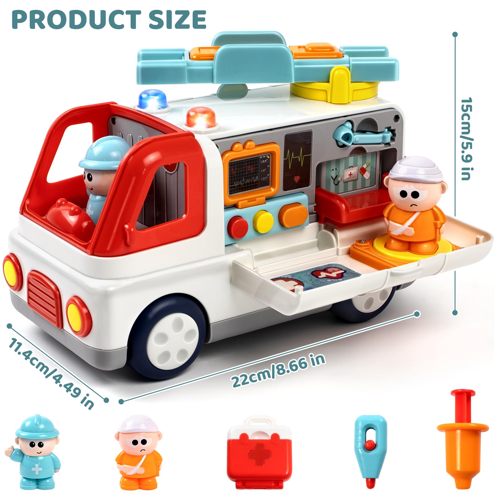 Juguete de ambulancia para niños a partir de 1, 2, 3 y 4 años con sonido ligero, ambulancia Montessori con figuras de accesorios médicos, muchas funciones juguetes educativos vehículos, regalos para