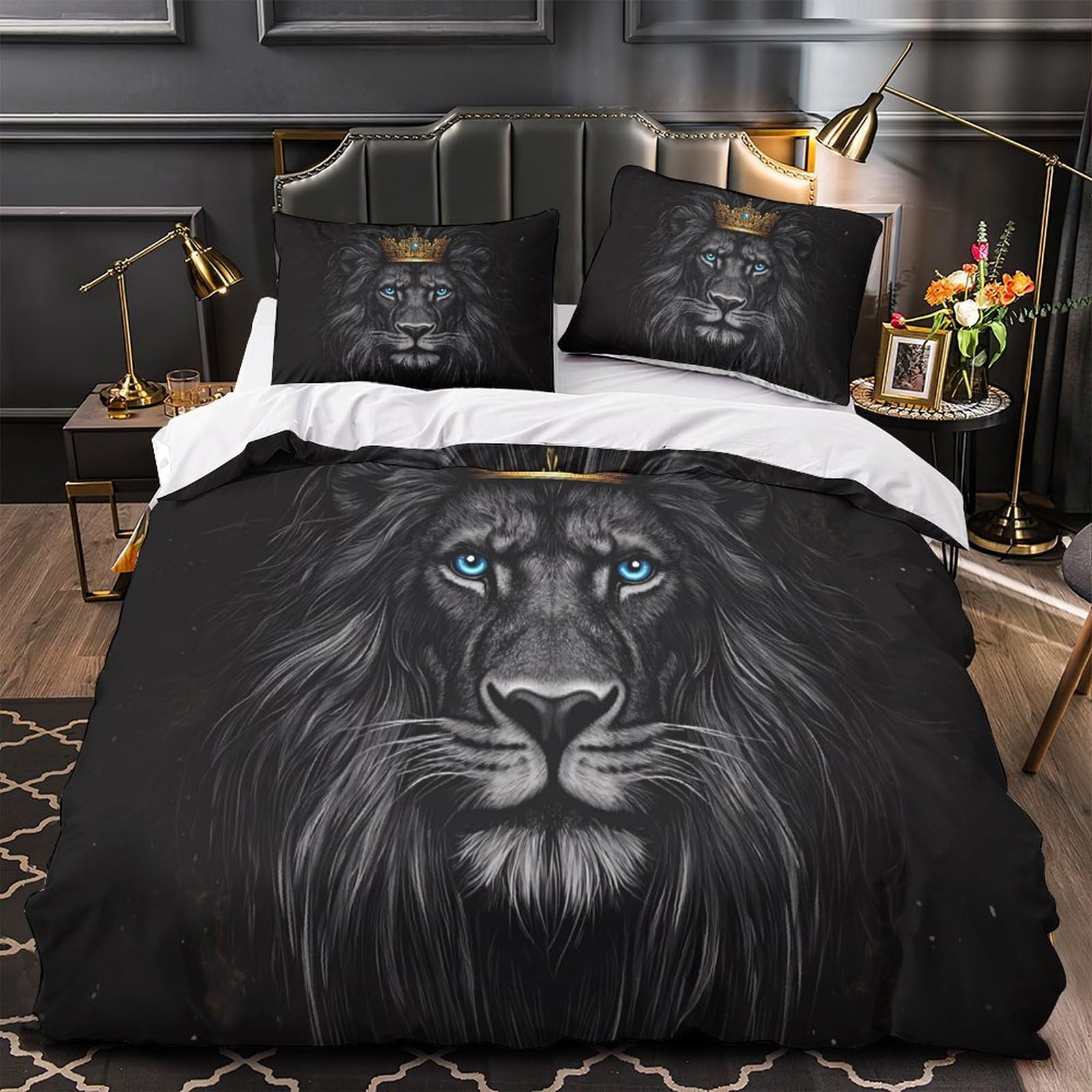 Housse de couette lion effet léger 3D en microfibre premium lit king size confortable