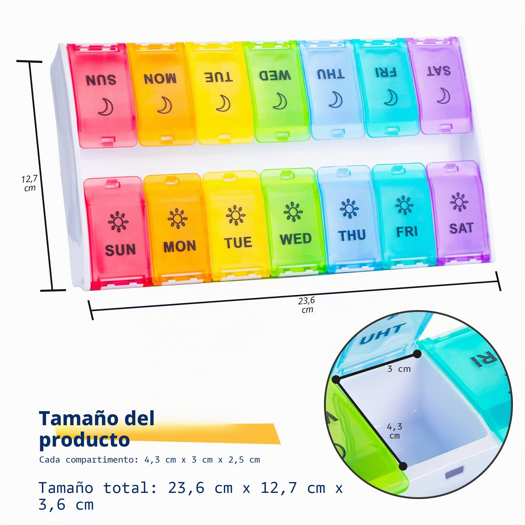 Mossime Organizador de píldoras grande XL 2 veces al día, pastillero semanal con tapas con bisagras, estuche de píldoras de vitaminas para medicamentos de 7 días, contenedor diario de píldoras