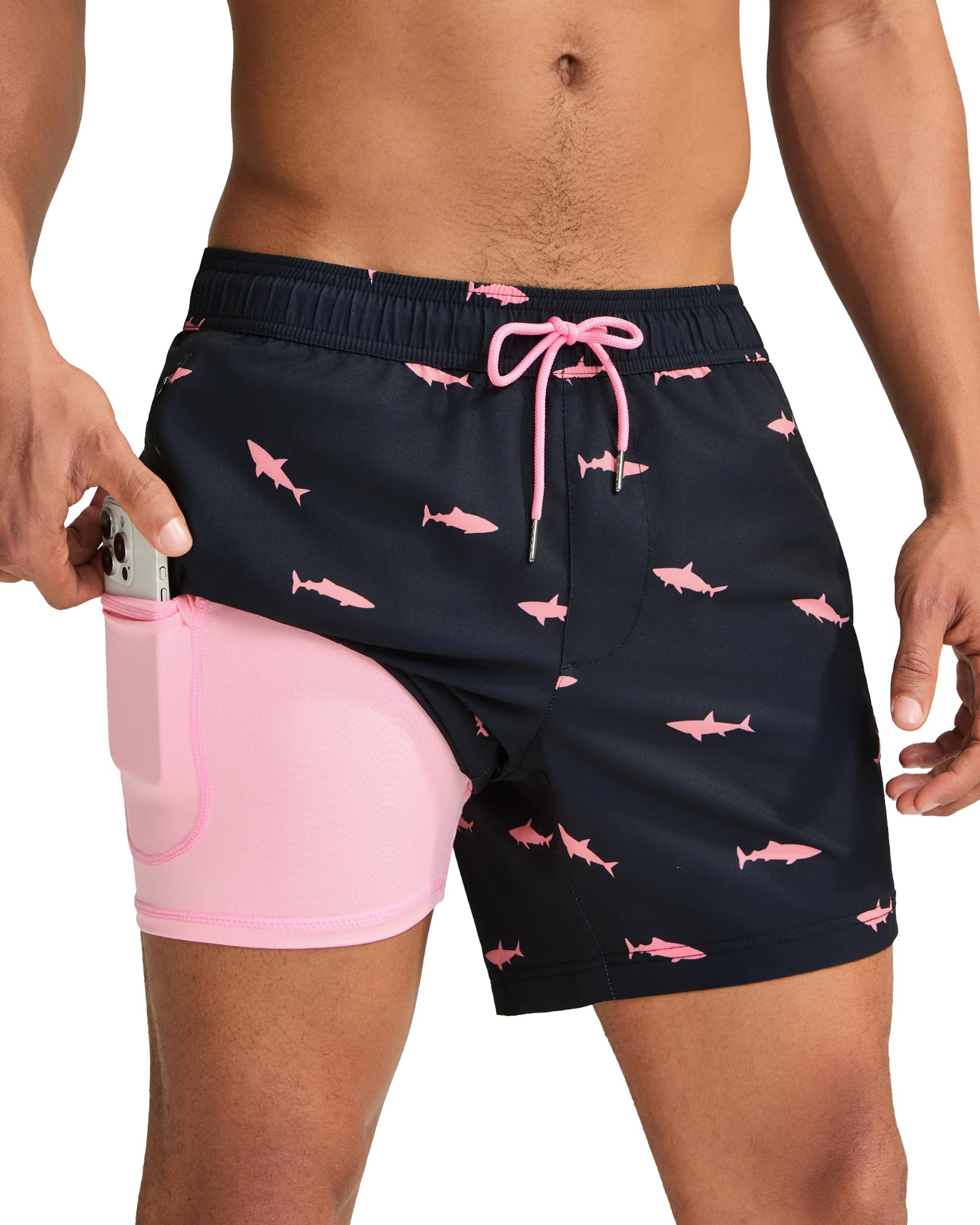 Mens Swim Trunks with Compression Liner 5" Stretch Beach Shorts Quick Dry with Zipper Pockets No-Chafing Board Shorts