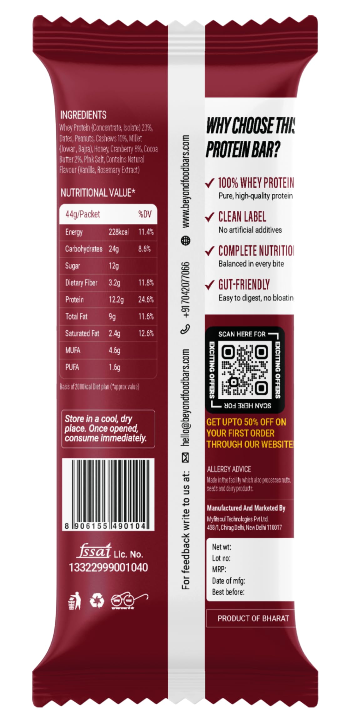 Beyond Food 100% Whey Protein Bars (Pack of 9) | 10g Protein Per Bar | Whole Nutrition | With Dates, Peanuts & Protein Millets | Rich in Vitamins, Fibre & Energy | Boosts Immunity | Cranberry Zest — Amazon image 3